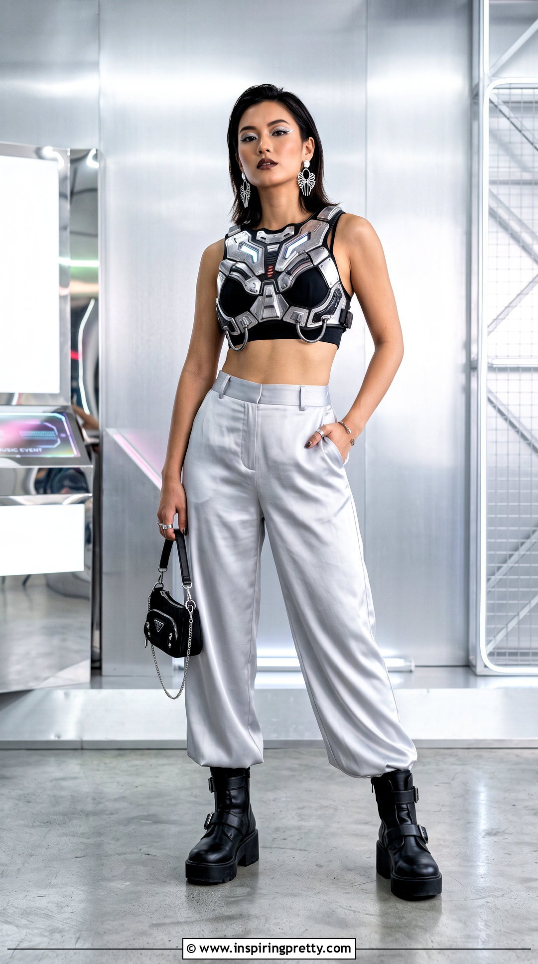 Mecha Crop Top With Silver Pants - 20 Mecha Crop Top outfit ideas