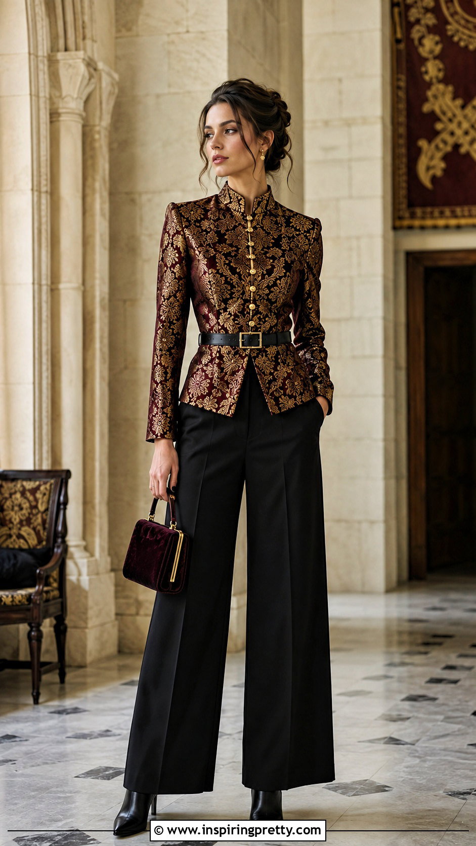 Medieval Brocade Top With Black Trousers - 25 Medieval Style Tops outfit ideas