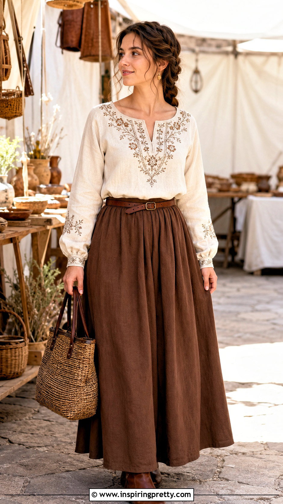 Medieval Embroidered Top With Brown Skirt - 25 Medieval Style Tops outfit ideas