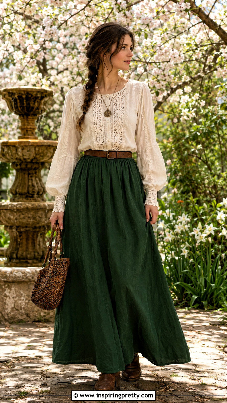 Medieval Lace Blouse With Green Skirt - 25 Medieval Style Tops outfit ideas