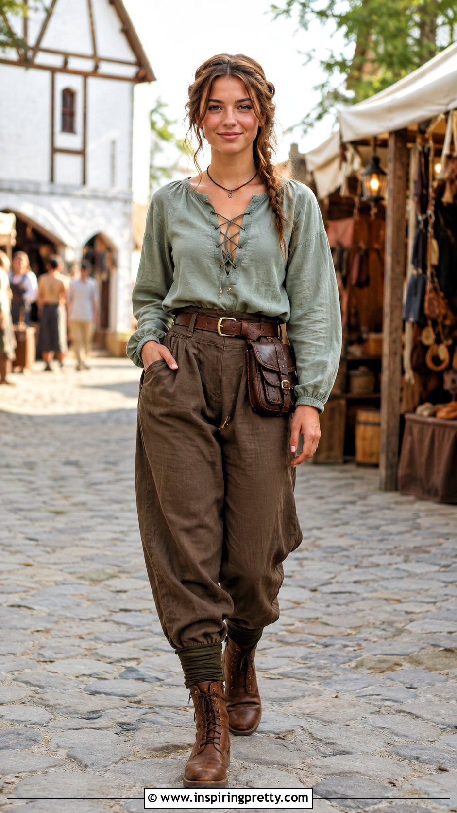 Medieval Lace Up Top With Brown Trousers - 25 Medieval Style Tops outfit ideas