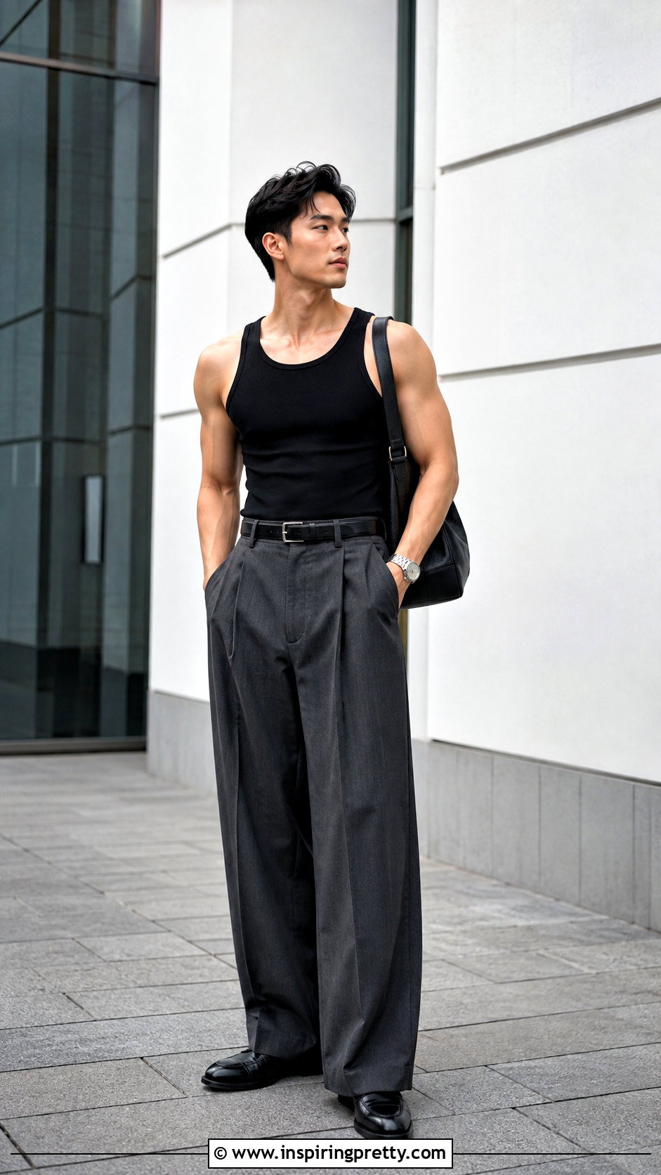 Mens Black Tank Top Outfit With Wide Leg Trousers - 25 men’s tank top fashions