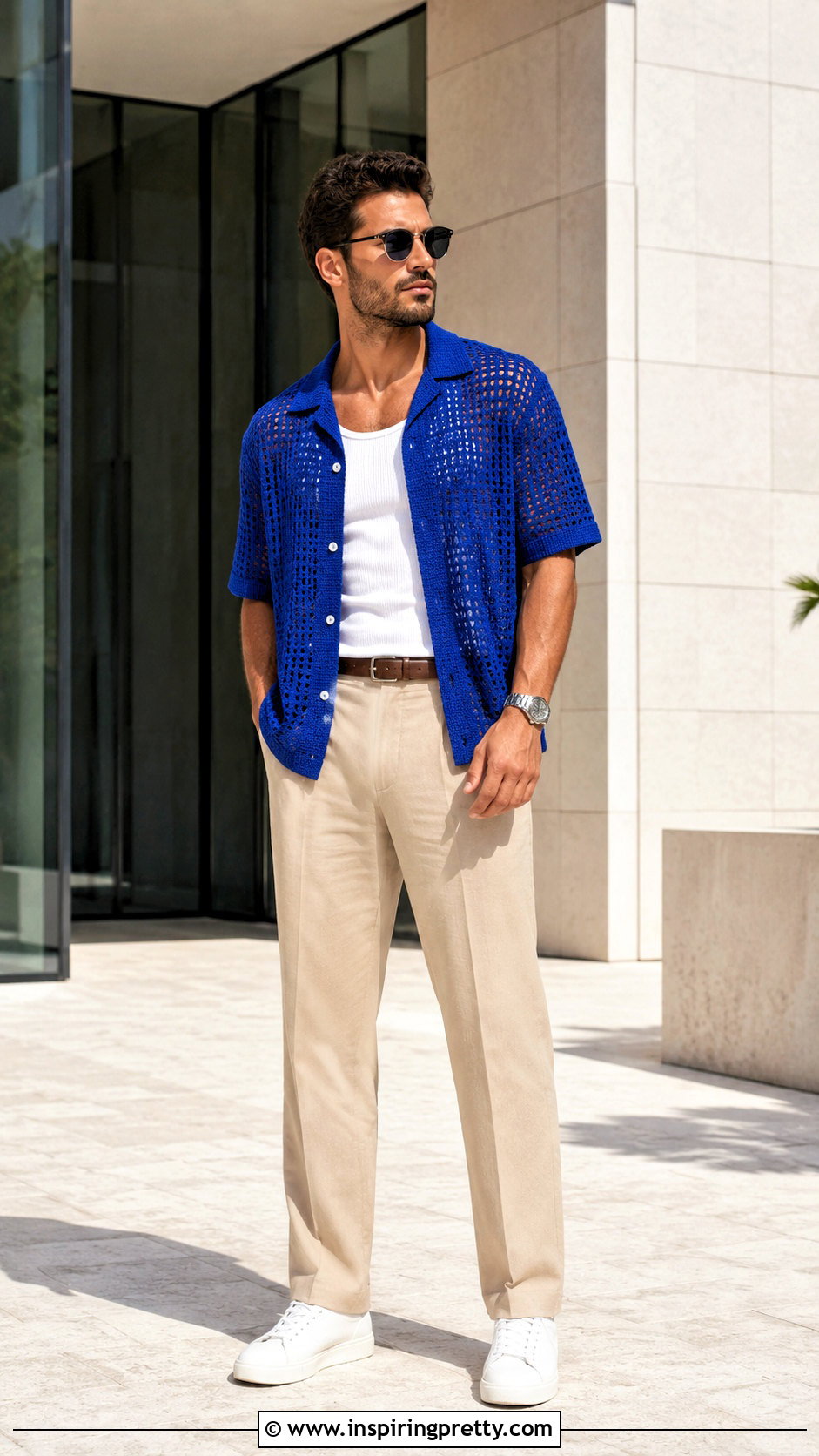 Mens Blue Crochet Shirt With Beige Trousers - 20 men’s crochet tops