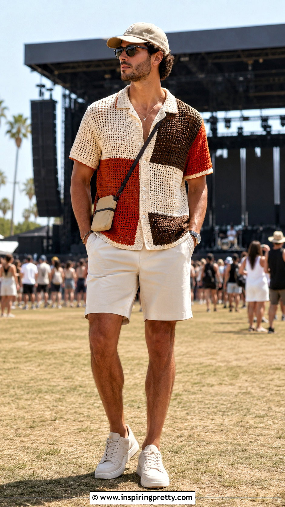 Mens Color Block Crochet Top With Neutral Shorts - 20 men’s crochet tops