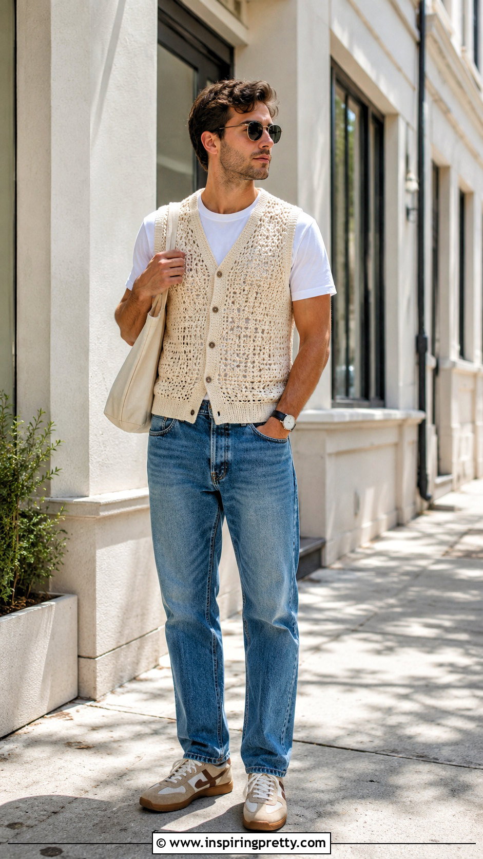 Mens Crochet Vest Over a White T Shirt - 20 men’s crochet tops