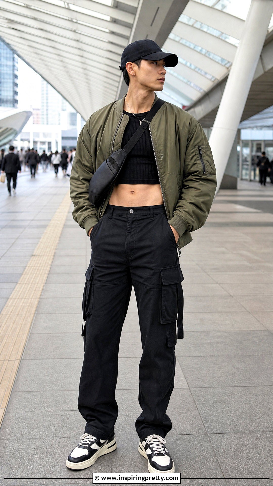 Mens Crop Top With a Bomber Jacket - 50 men crop top outfit ideas