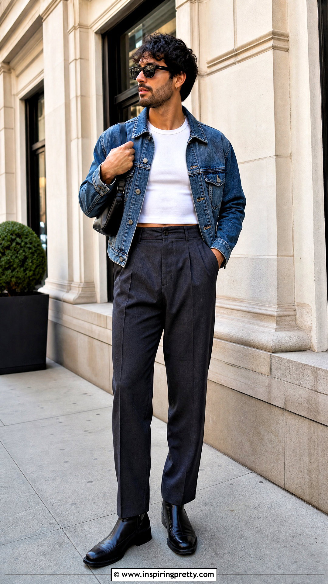 Mens Crop Top With a Denim Jacket - 50 men crop top outfit ideas