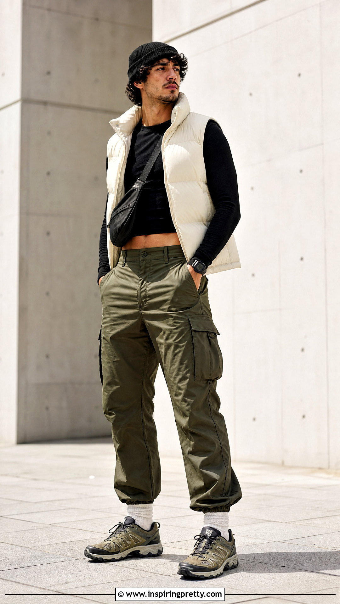 Mens Crop Top With a Puffer Vest - 50 men crop top outfit ideas