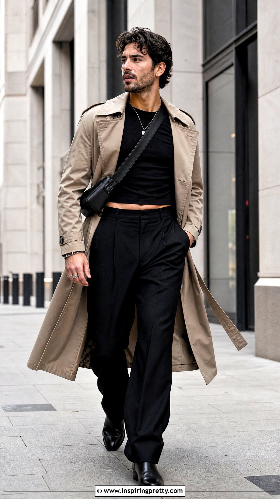 Mens Crop Top With a Trench Coat - 50 men crop top outfit ideas