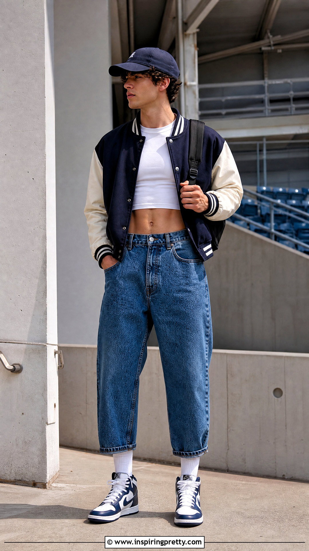 Mens Crop Top With a Varsity Jacket - 50 men crop top outfit ideas