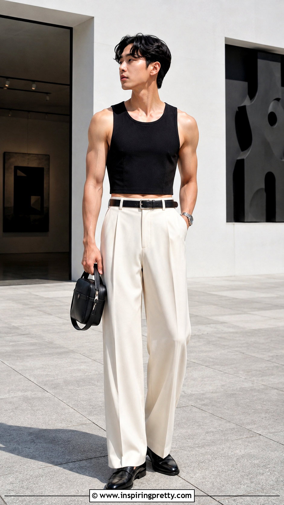 Mens Cropped Tank Top Outfit With High Waisted Pants - 25 men’s tank top fashions