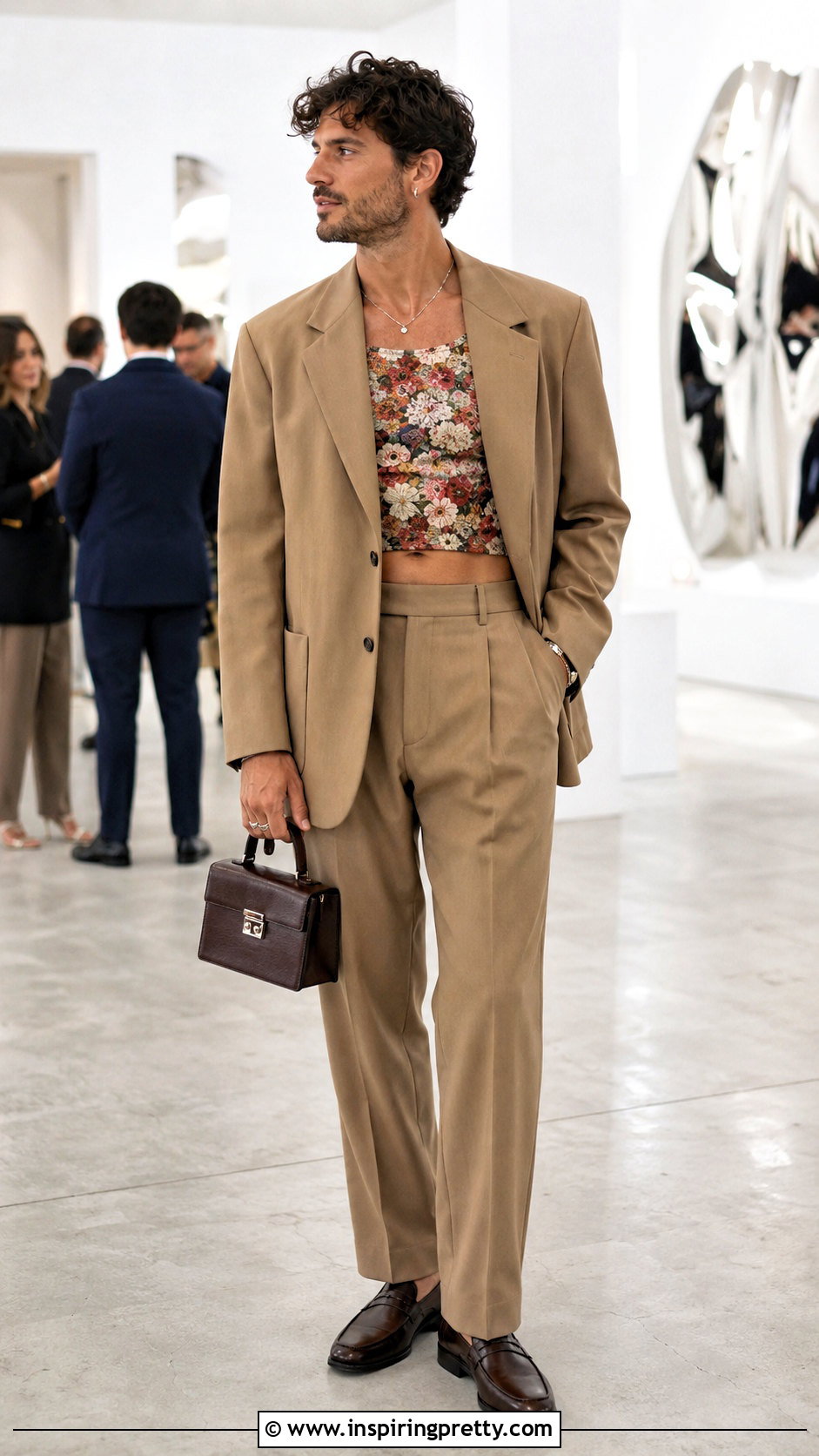 Mens Floral Crop Top With A Neutral Suit - 20 Men Floral Crop Top outfit ideas