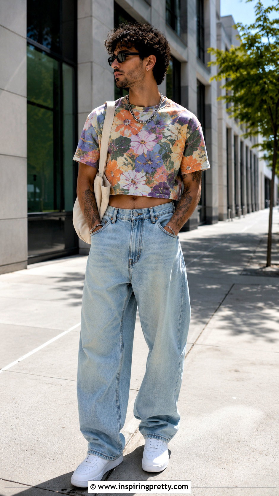 Mens Floral Crop Top With Baggy Jeans - 20 Men Floral Crop Top outfit ideas
