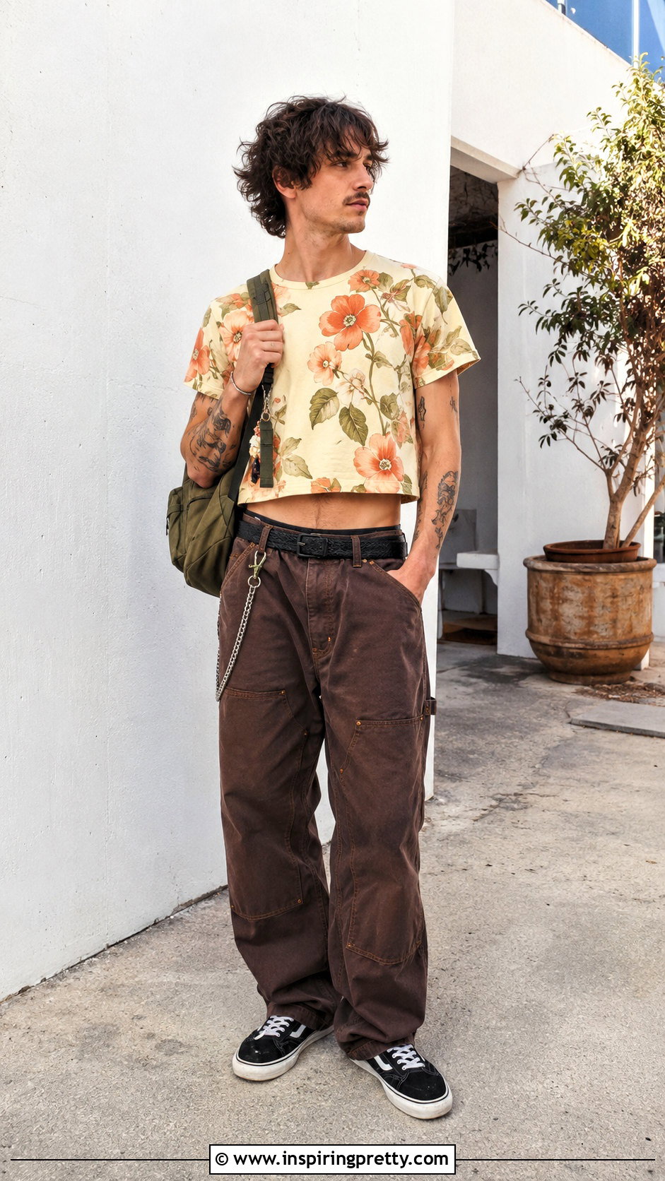 Mens Floral Crop Top With Carpenter Jeans - 20 Men Floral Crop Top outfit ideas