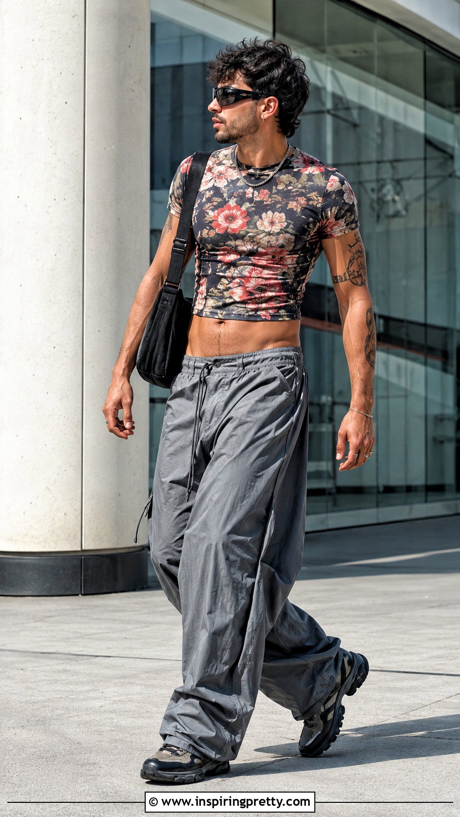 Mens Floral Crop Top With Parachute Pants - 20 Men Floral Crop Top outfit ideas