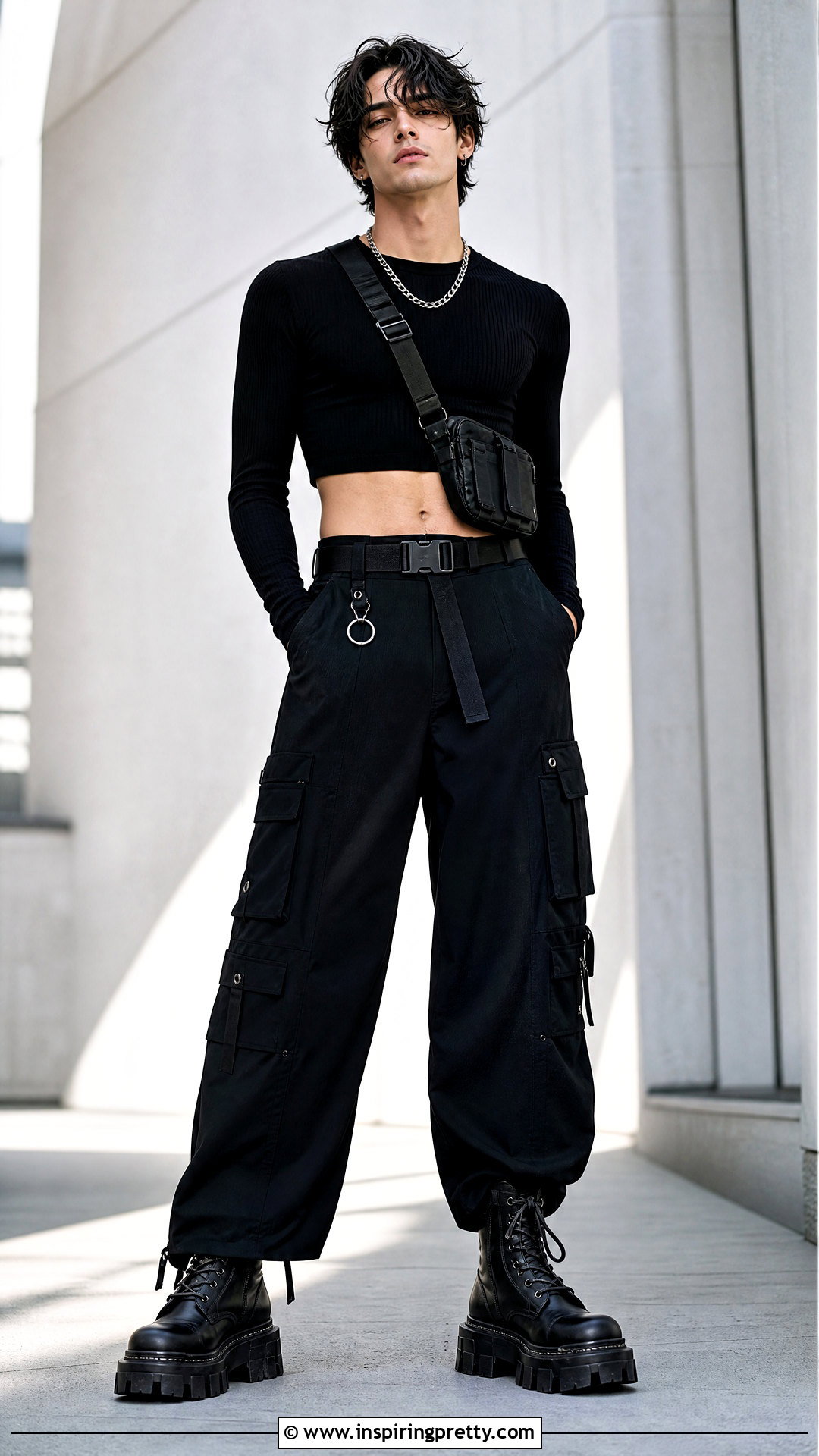 Mens Goth Crop Top With Cargo Pants - 20 Aesthetic Crop Top Outfits Men
