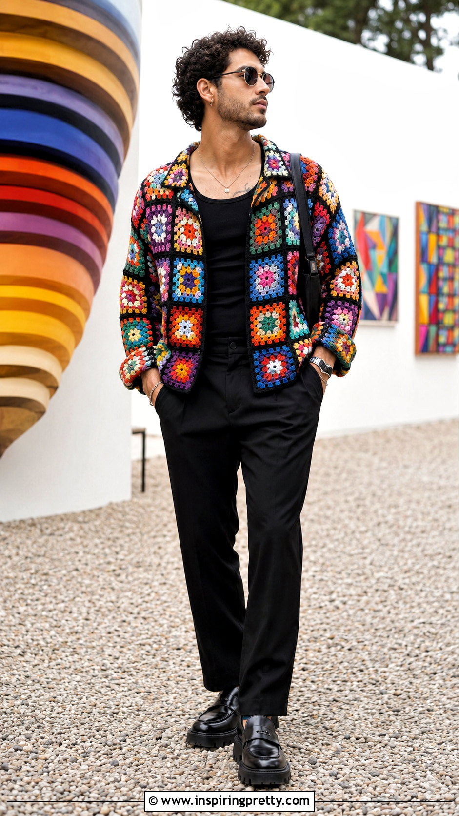 Mens Granny Square Crochet Top With Black Pants - 20 men’s crochet tops