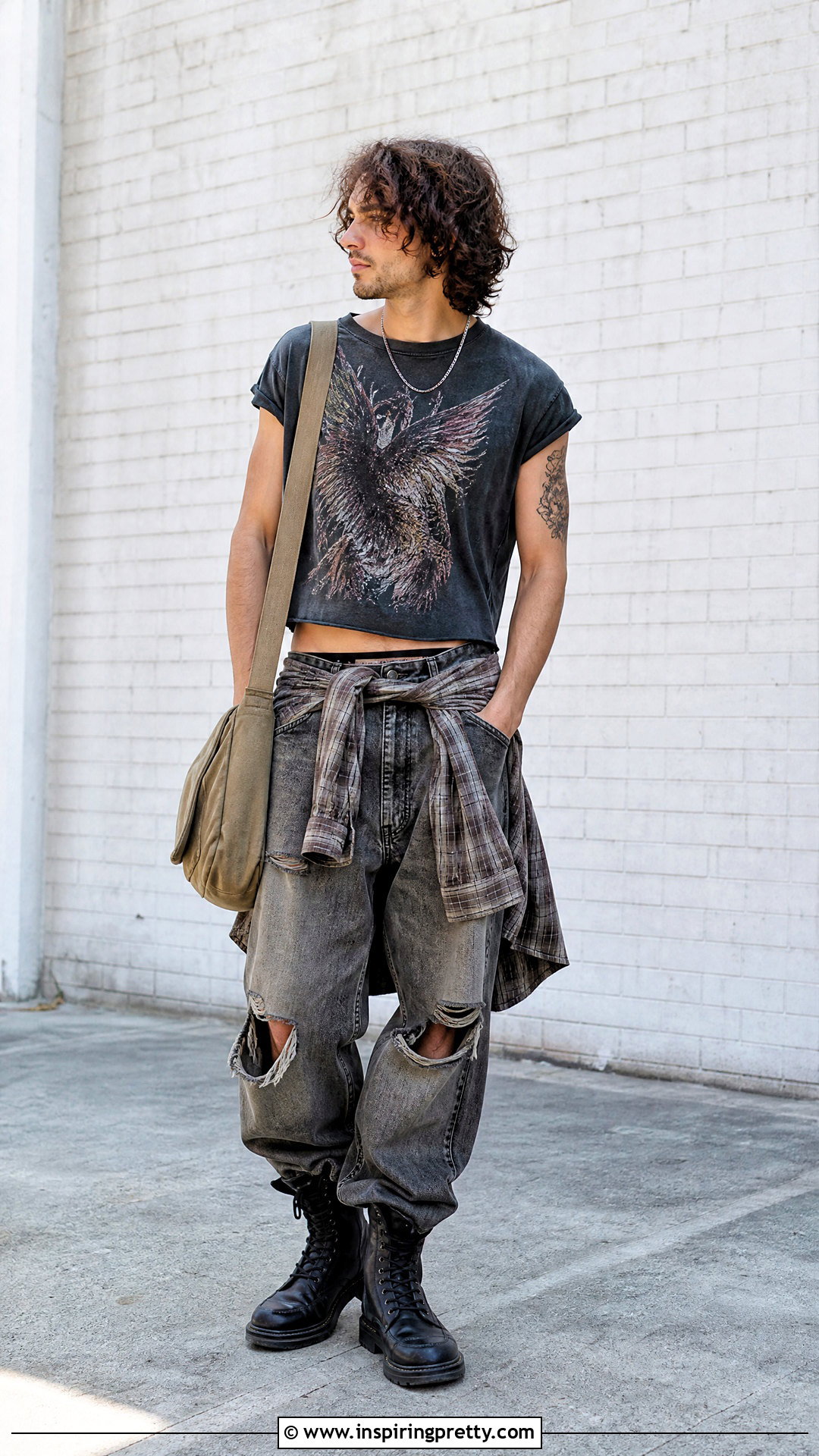 Mens Grunge Crop Top With Ripped Jeans - 20 Aesthetic Crop Top Outfits Men