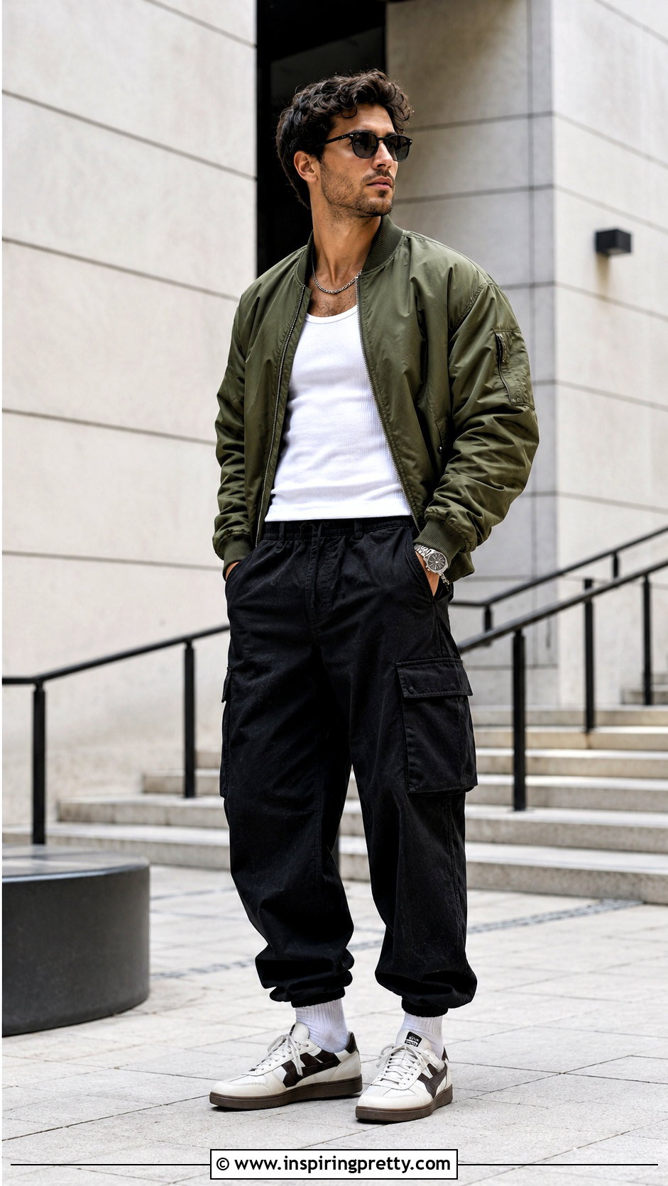 Mens Tank Top Outfit With a Bomber Jacket - 25 men’s tank top fashions