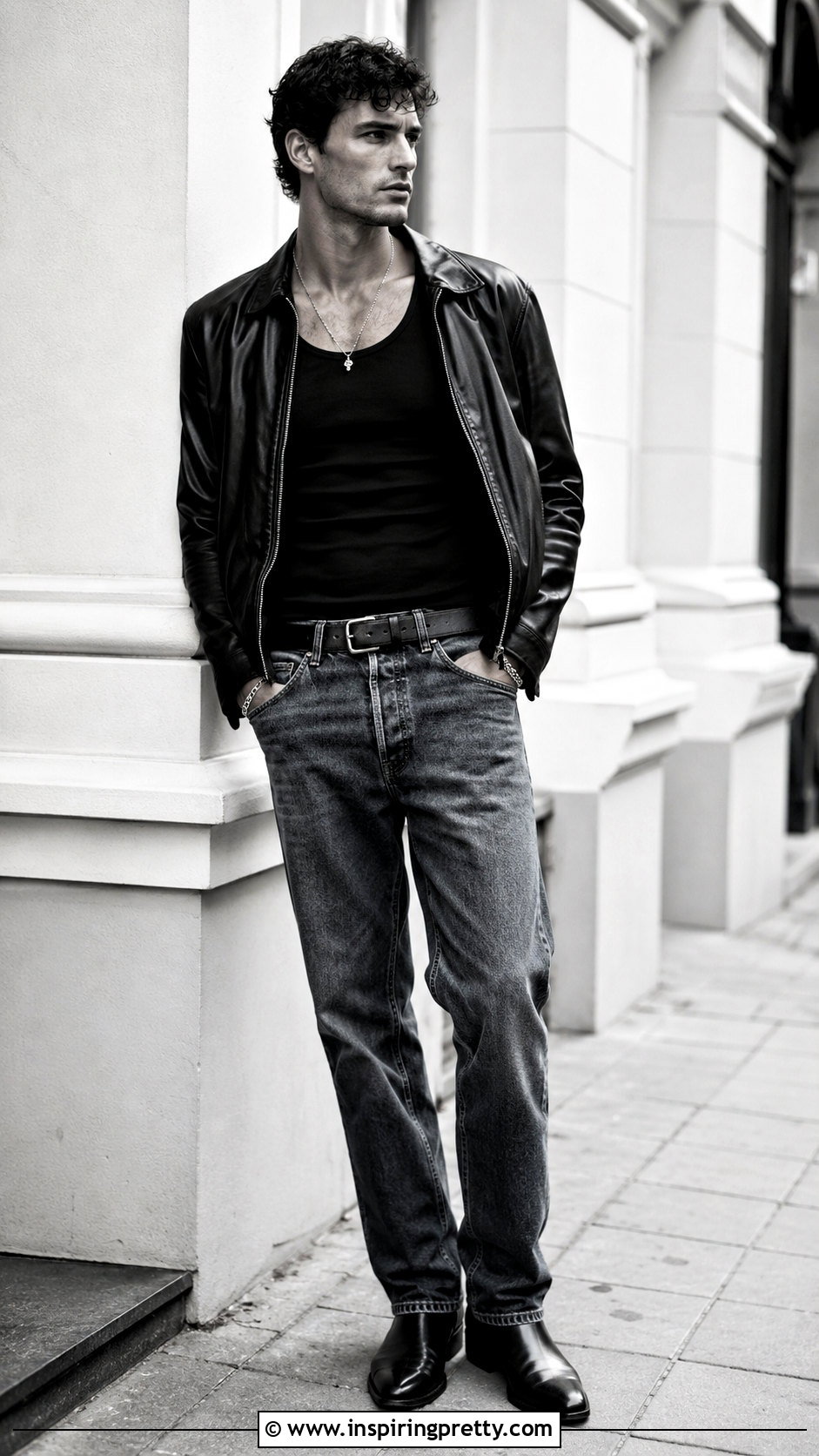 Mens Tank Top Outfit With a Leather Jacket - 25 men’s tank top fashions