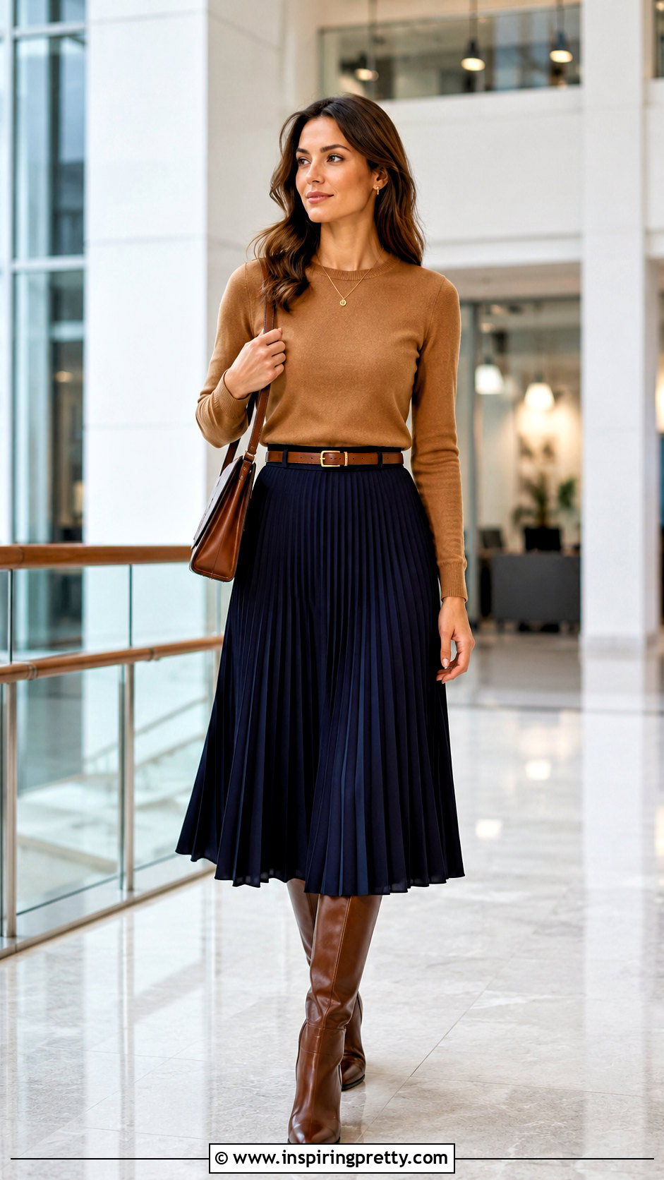 Merino Long Sleeve Sweater With Midi Skirt - 20 long sleeve business casual tops outfit ideas