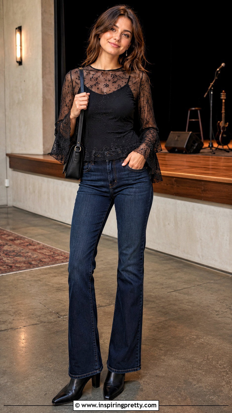 Mesh Bell Sleeve Top With Bootcut Jeans - 50 messy top outfit ideas