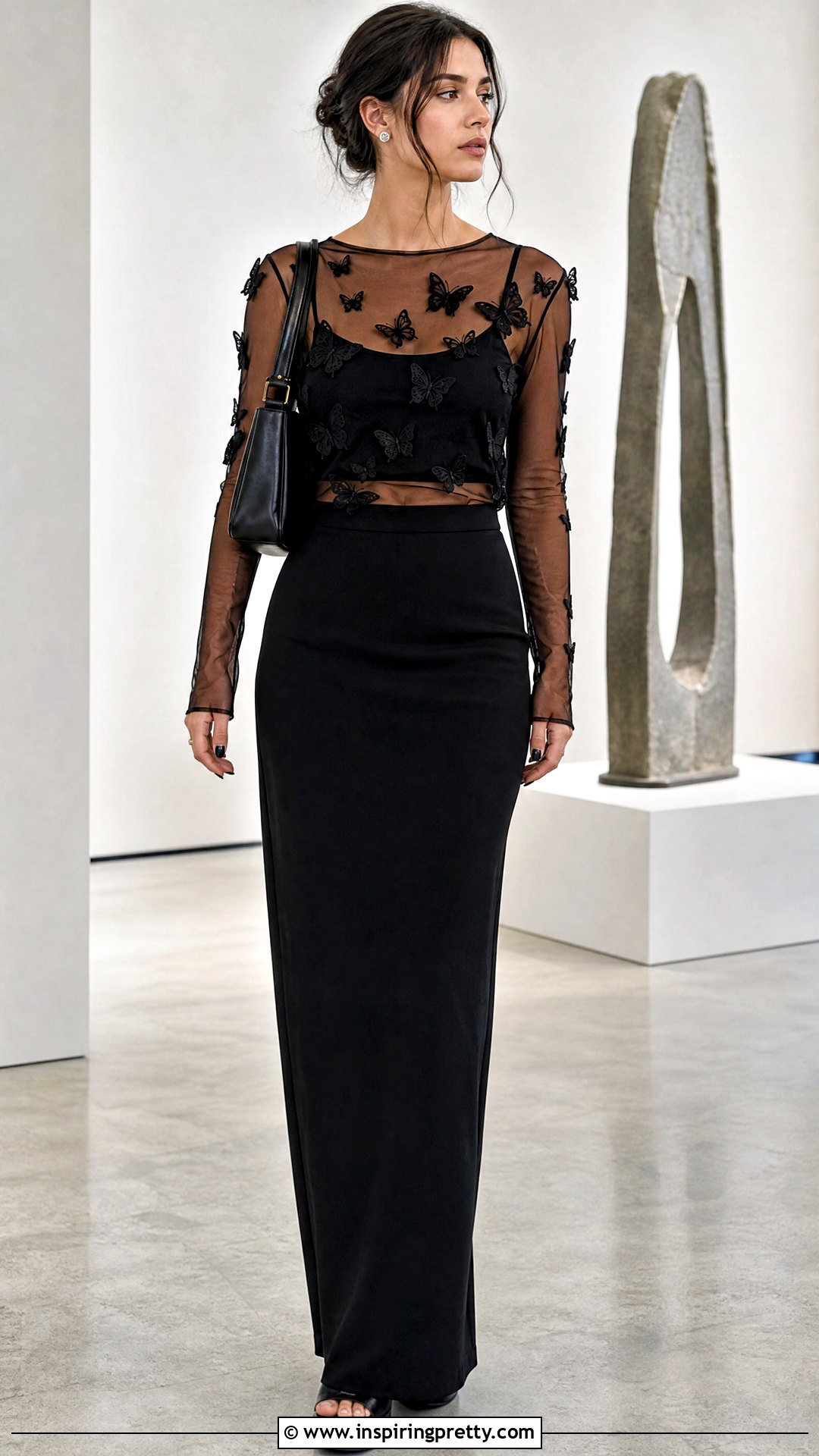 Mesh Butterfly Applique Top With Black Maxi Skirt - 25 butterfly applique top outfit ideas