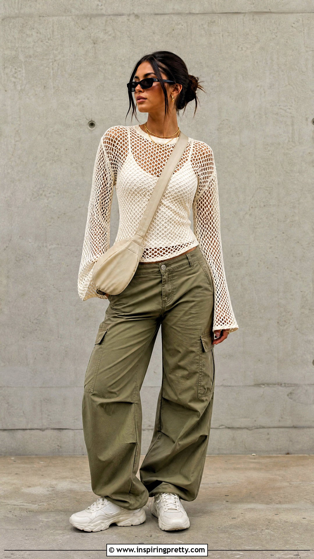 Mesh Crochet Top With Cargo Pants - 50 tops en crochet ideas