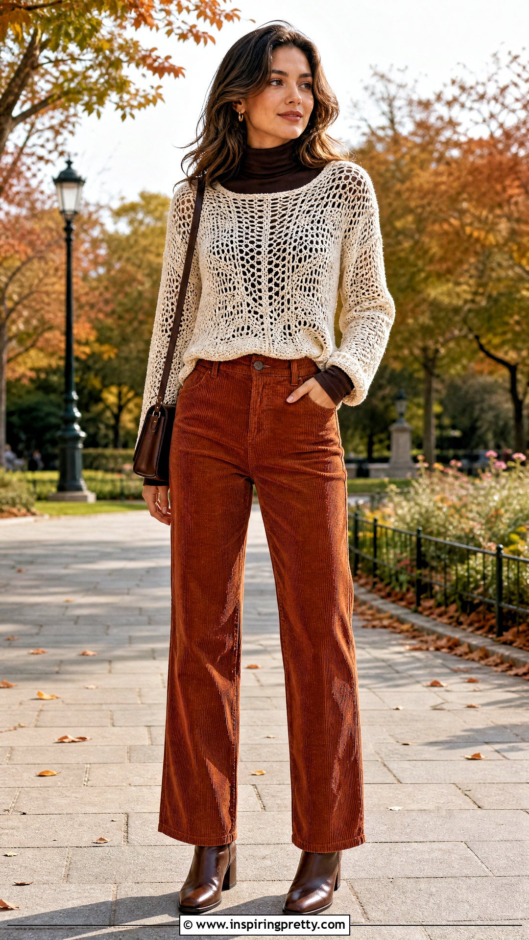 Mesh Crochet Top With Turtleneck And Corduroy Pants - 50 mesh crochet top outfit ideas