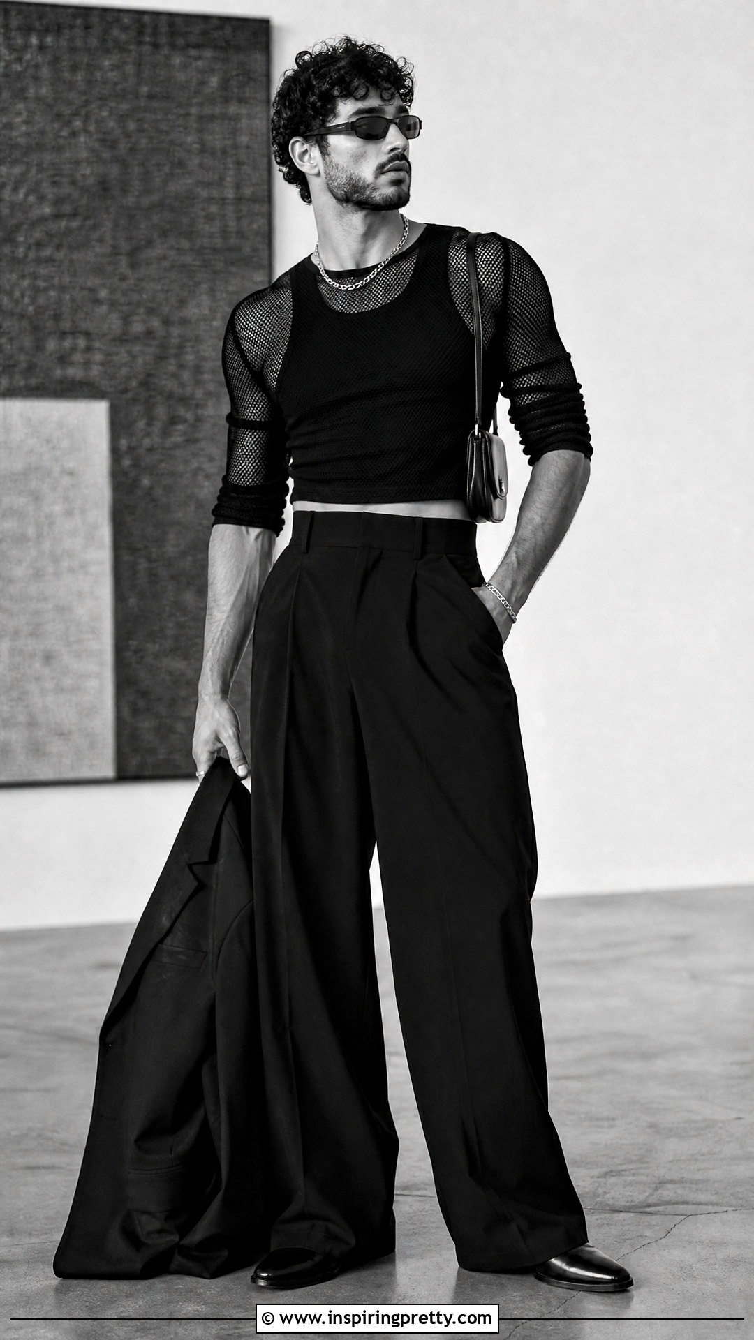 Mesh Crop Top With Black Trousers - 25 man crop top aesthetic ideas
