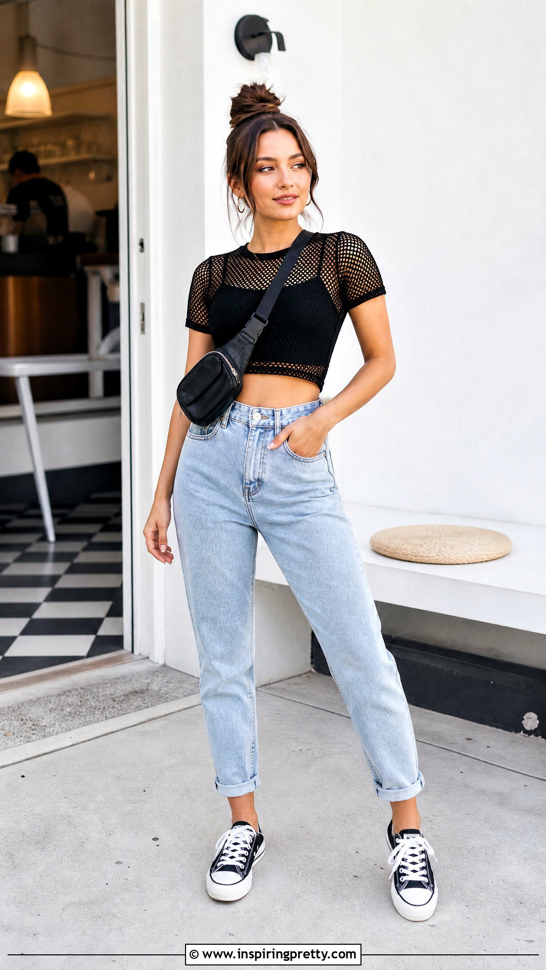 Mesh Crop Top With High Waisted Mom Jeans - 50 mesh tops outfit ideas
