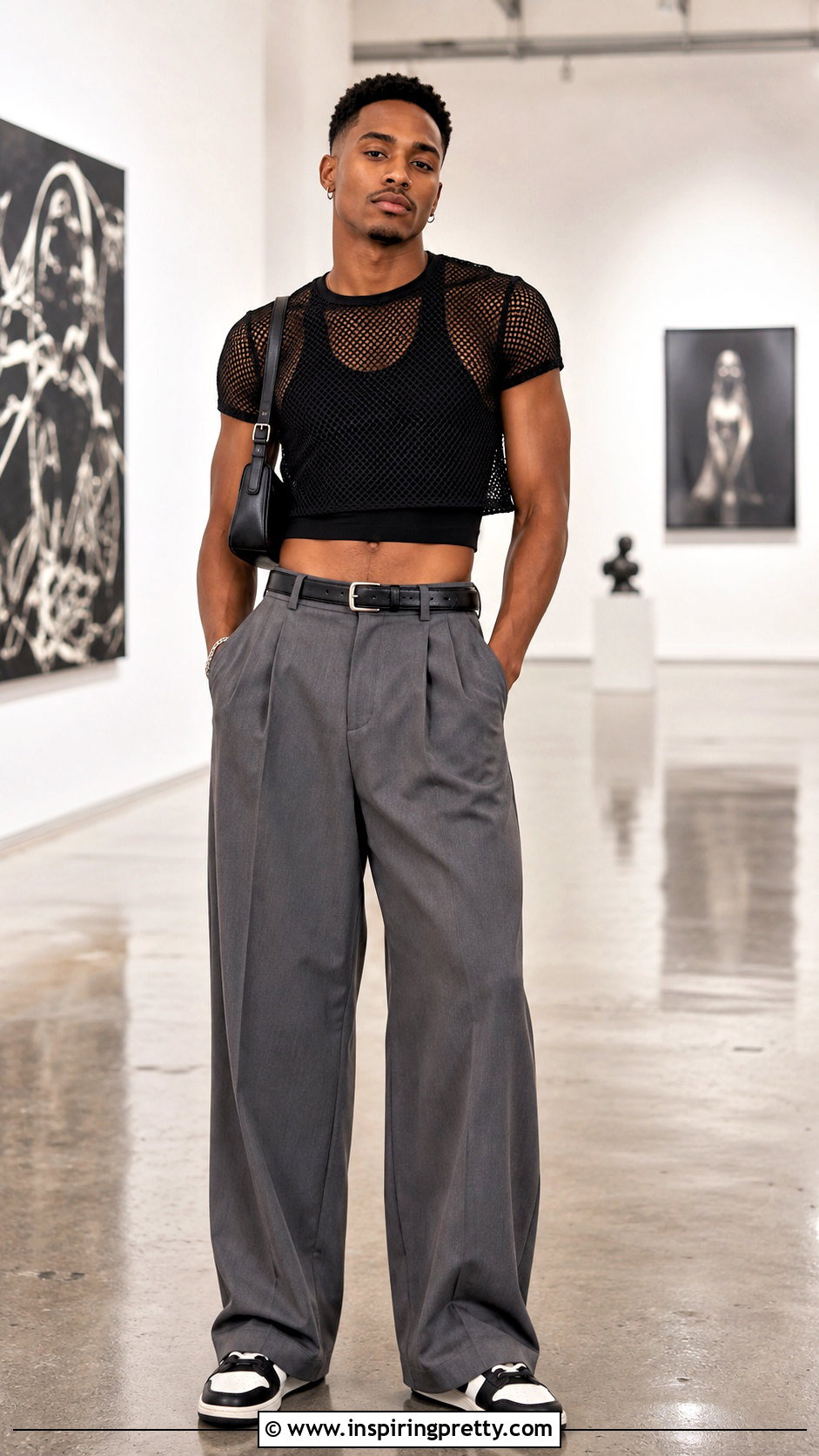 Mesh Crop Top With Loose Trousers And Minimal Sneakers - 20 men’s crop tops outfit ideas