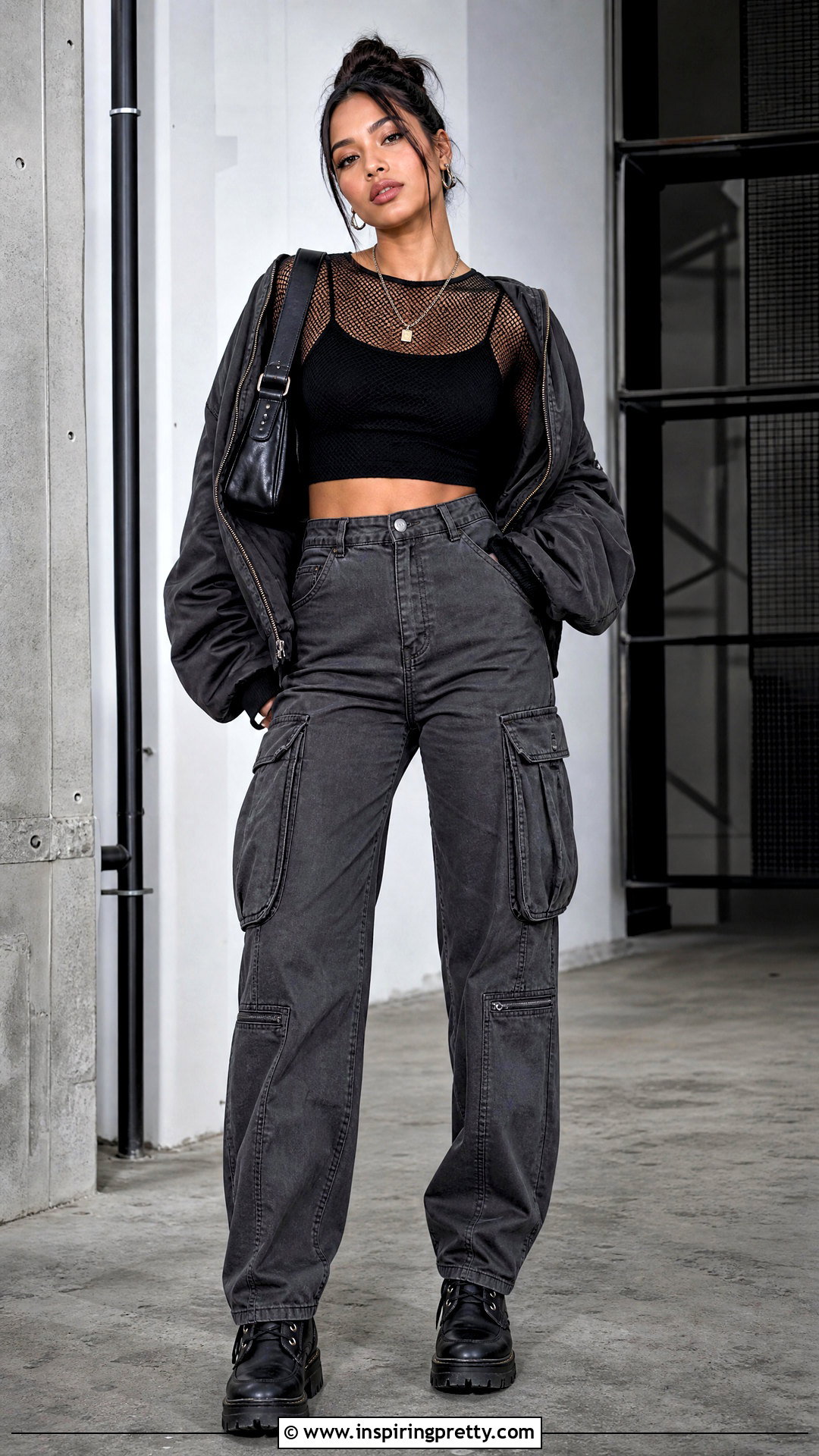 Mesh Crop Top With Tank And Cargo Pants - 50 aesthetic crop top outfit ideas