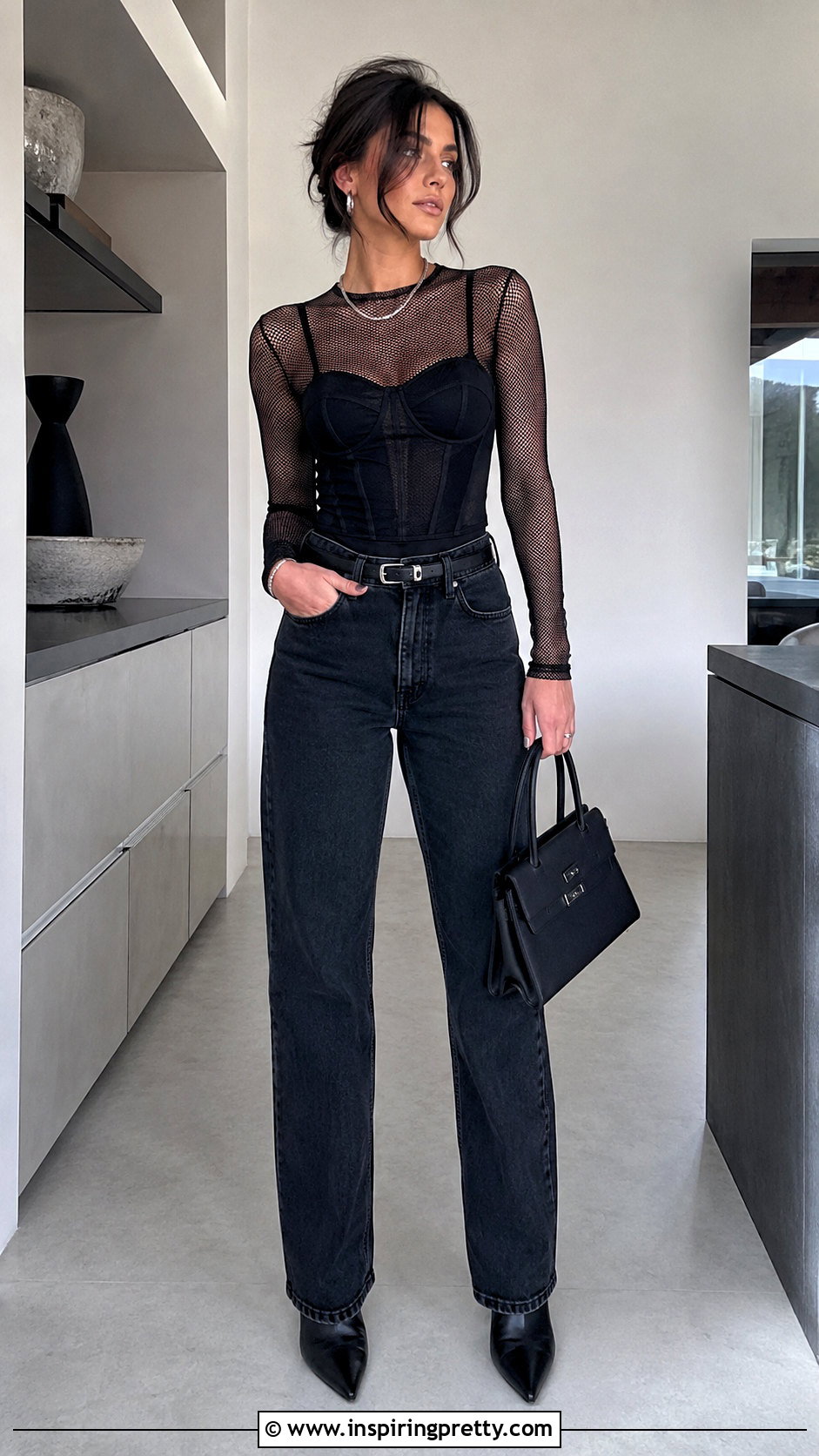Mesh Fishnet Top Over A Corset Top And Jeans - 20 mesh fishnet top outfit ideas