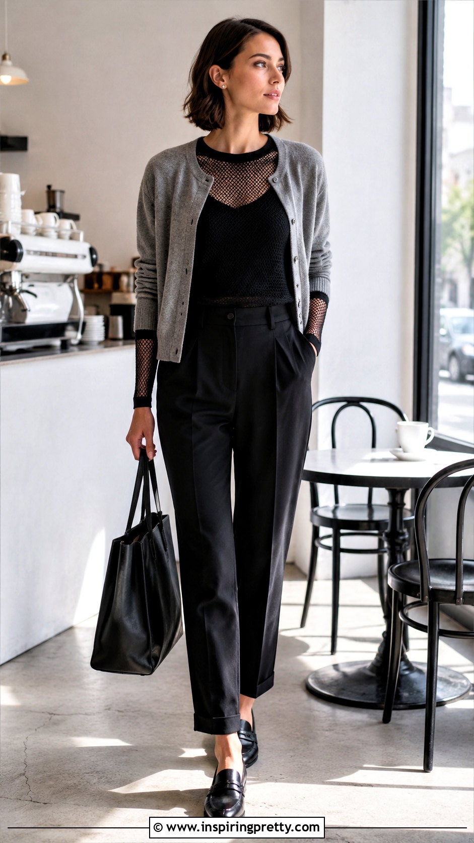 Mesh Fishnet Top With Cardigan And Tailored Pants - 20 mesh fishnet top outfit ideas