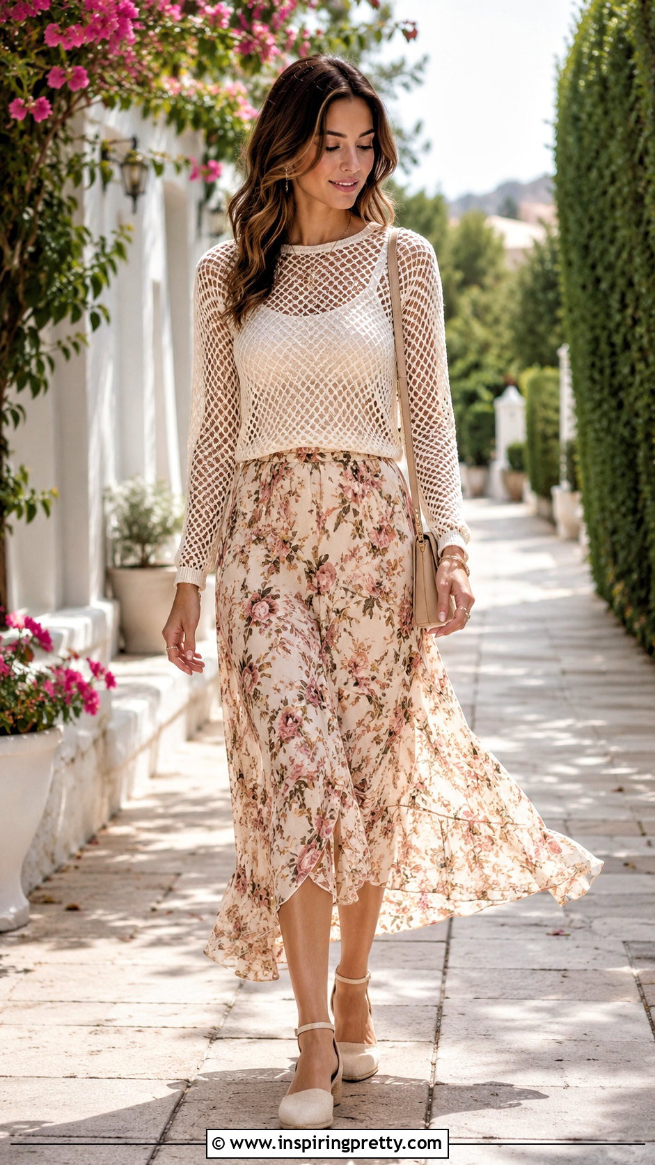 Mesh Fishnet Top With Printed Midi Skirt - 20 mesh fishnet top outfit ideas