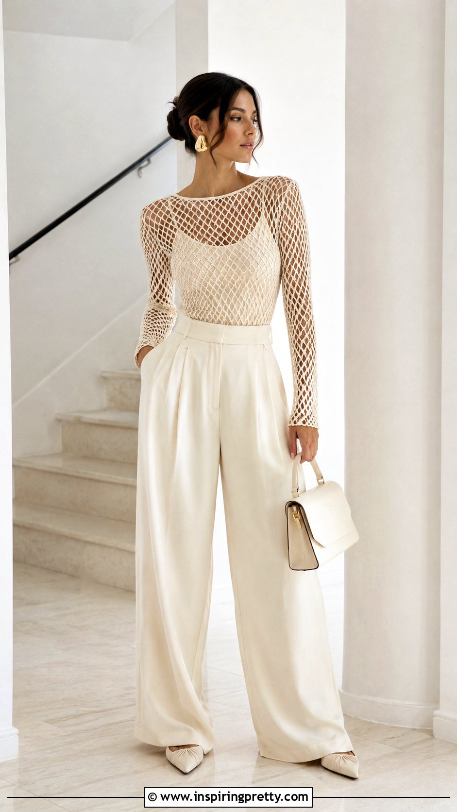 Mesh Fishnet Top With Wide Leg Trousers - 20 mesh fishnet top outfit ideas
