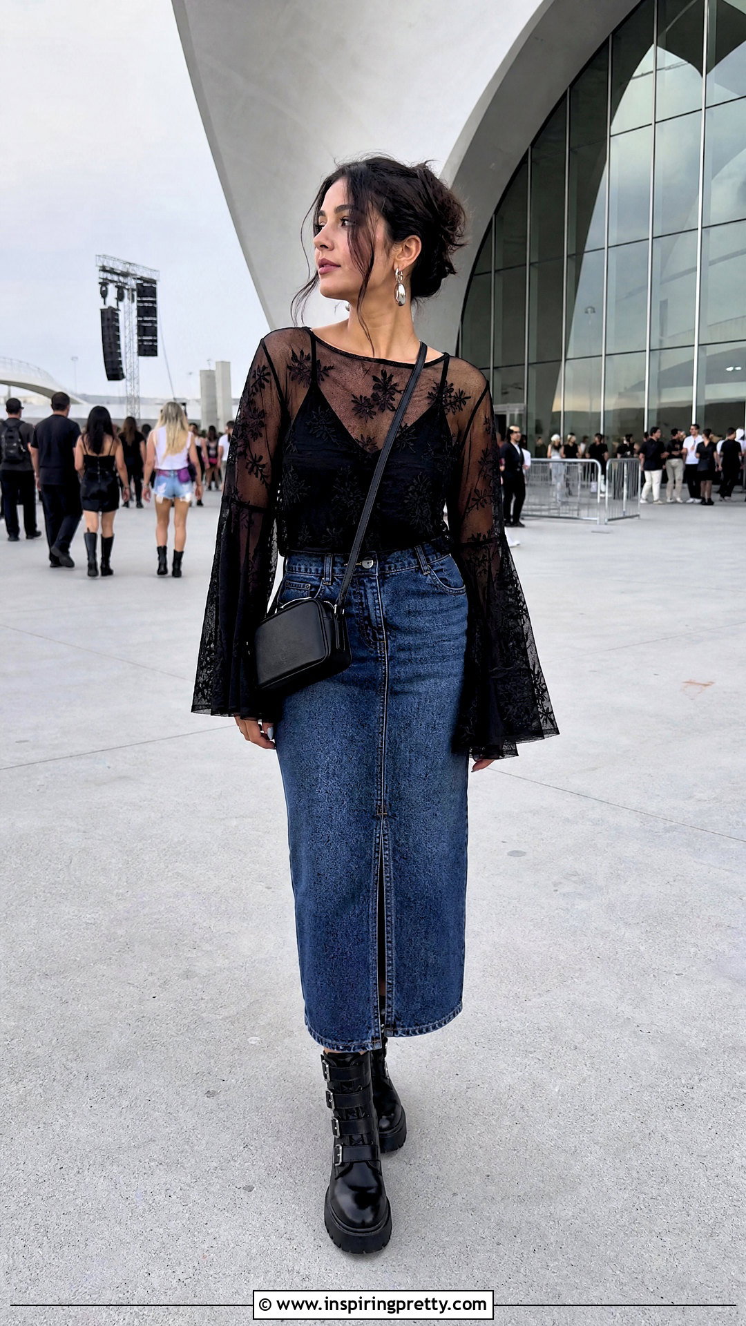 Mesh Flared Sleeve Top With Denim Skirt - 50 flared sleeves tops