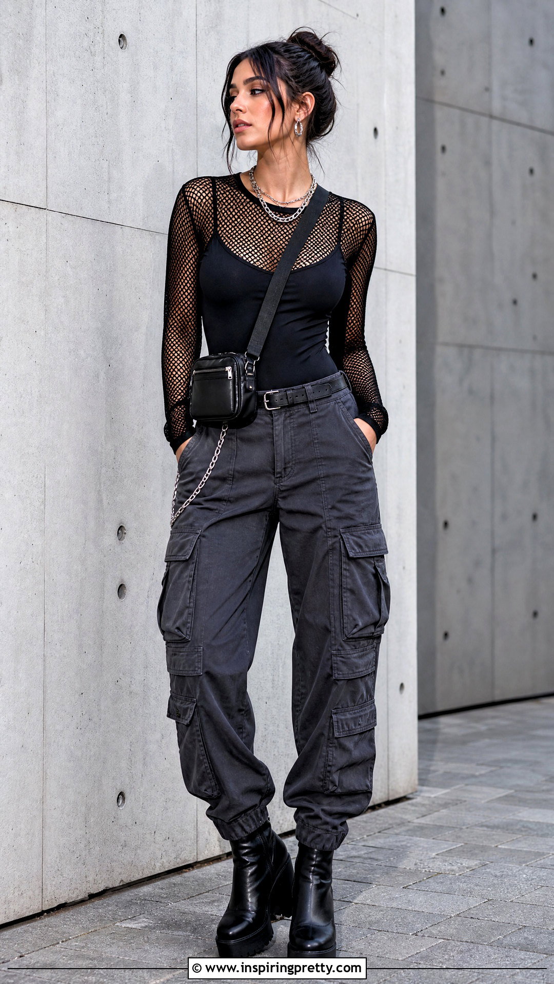 Mesh Going Out Top With Cargo Pants - 50 cute going out tops outfit ideas