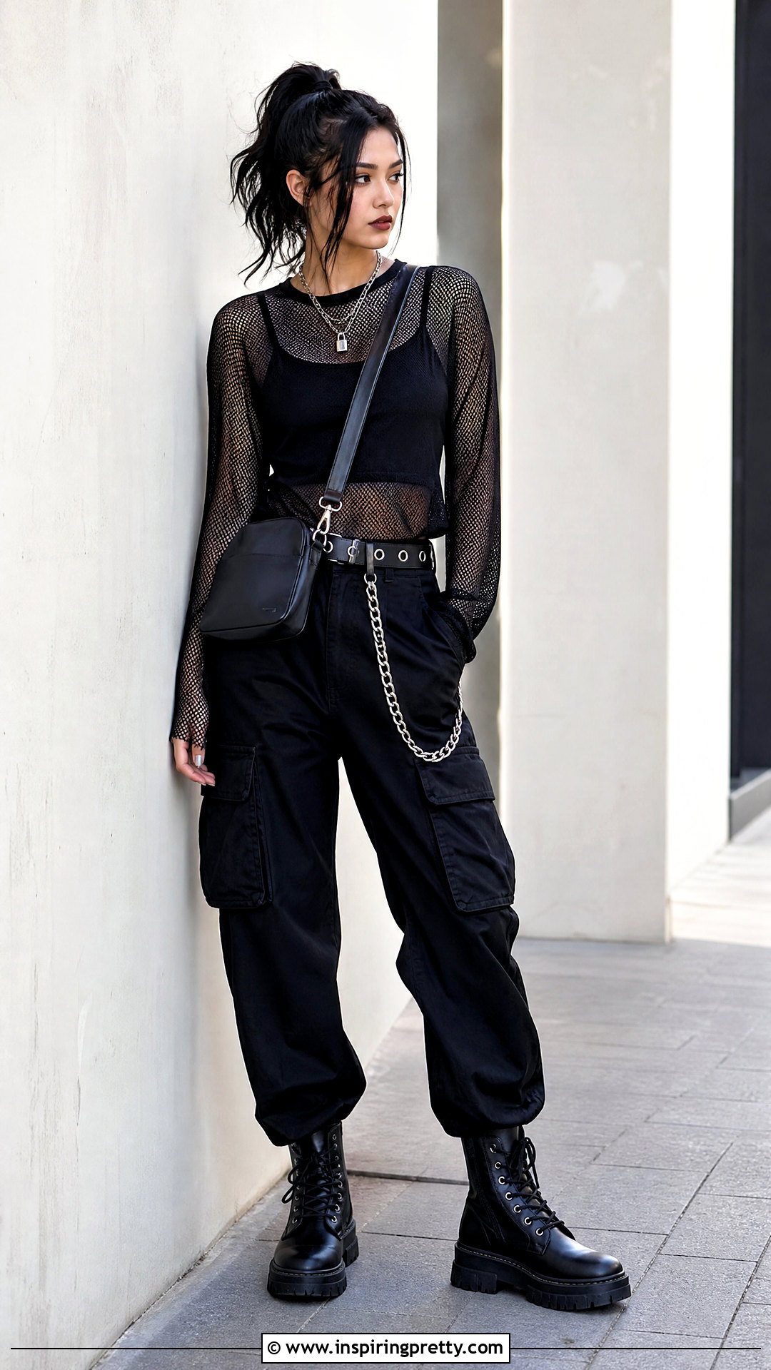 Mesh Goth Top With Black Cargo Pants - 50 goth tops outfit ideas