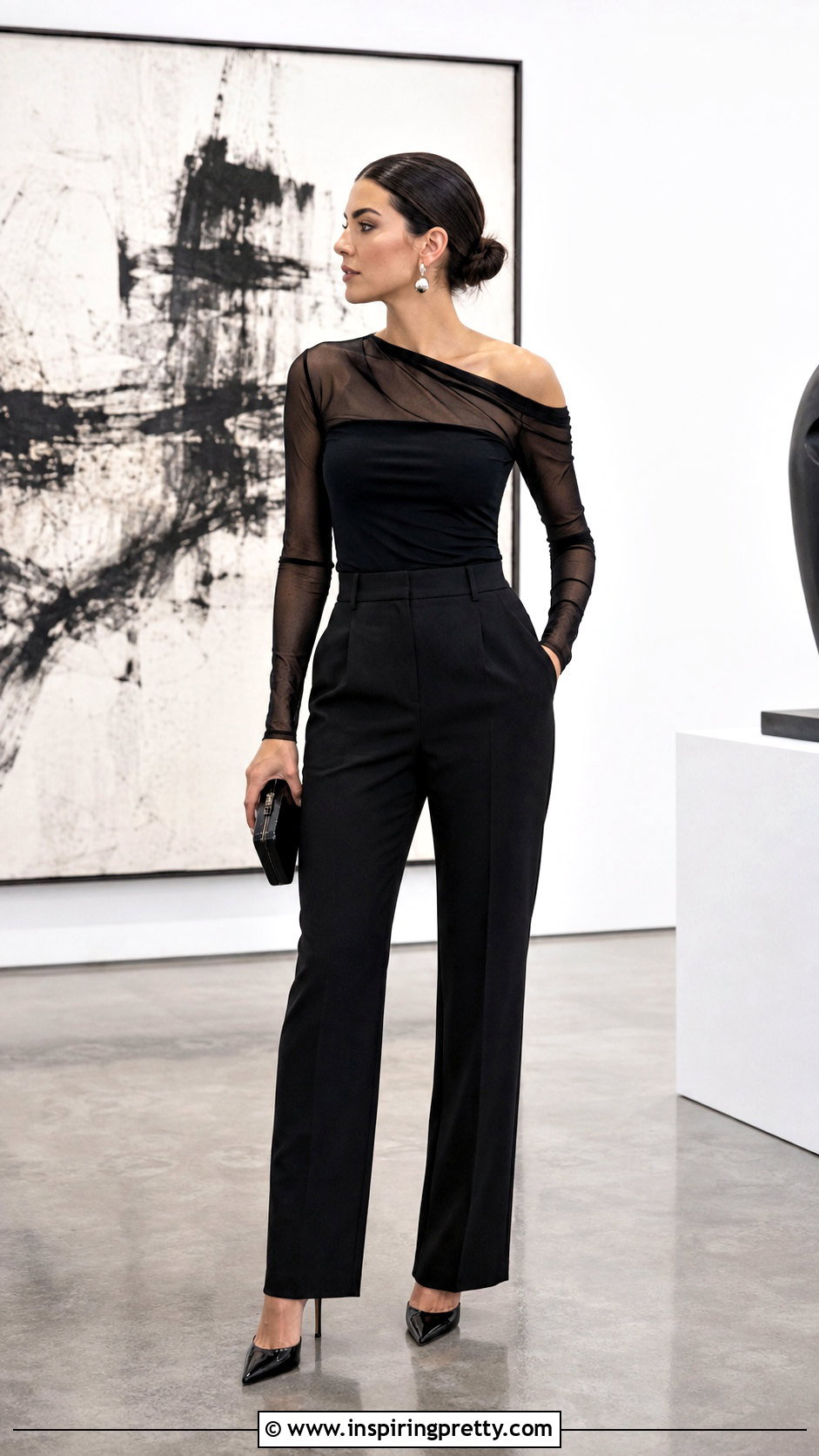 Mesh Half Shoulder Top With Black Trousers - 50 half shoulder top outfit ideas