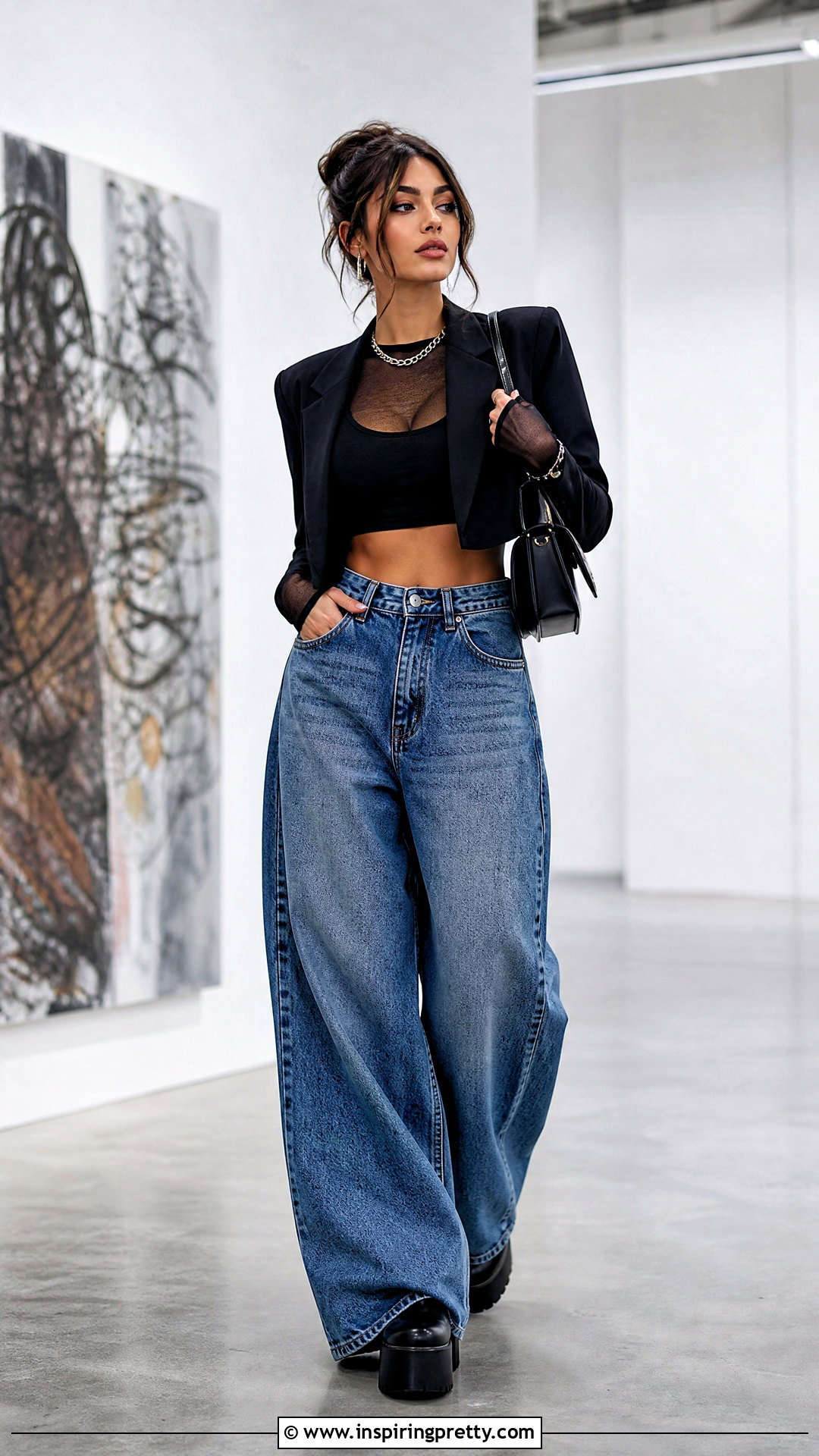 Mesh Layered Crop Top With Baggy Jeans - 50 baggy pants crop top outfit ideas