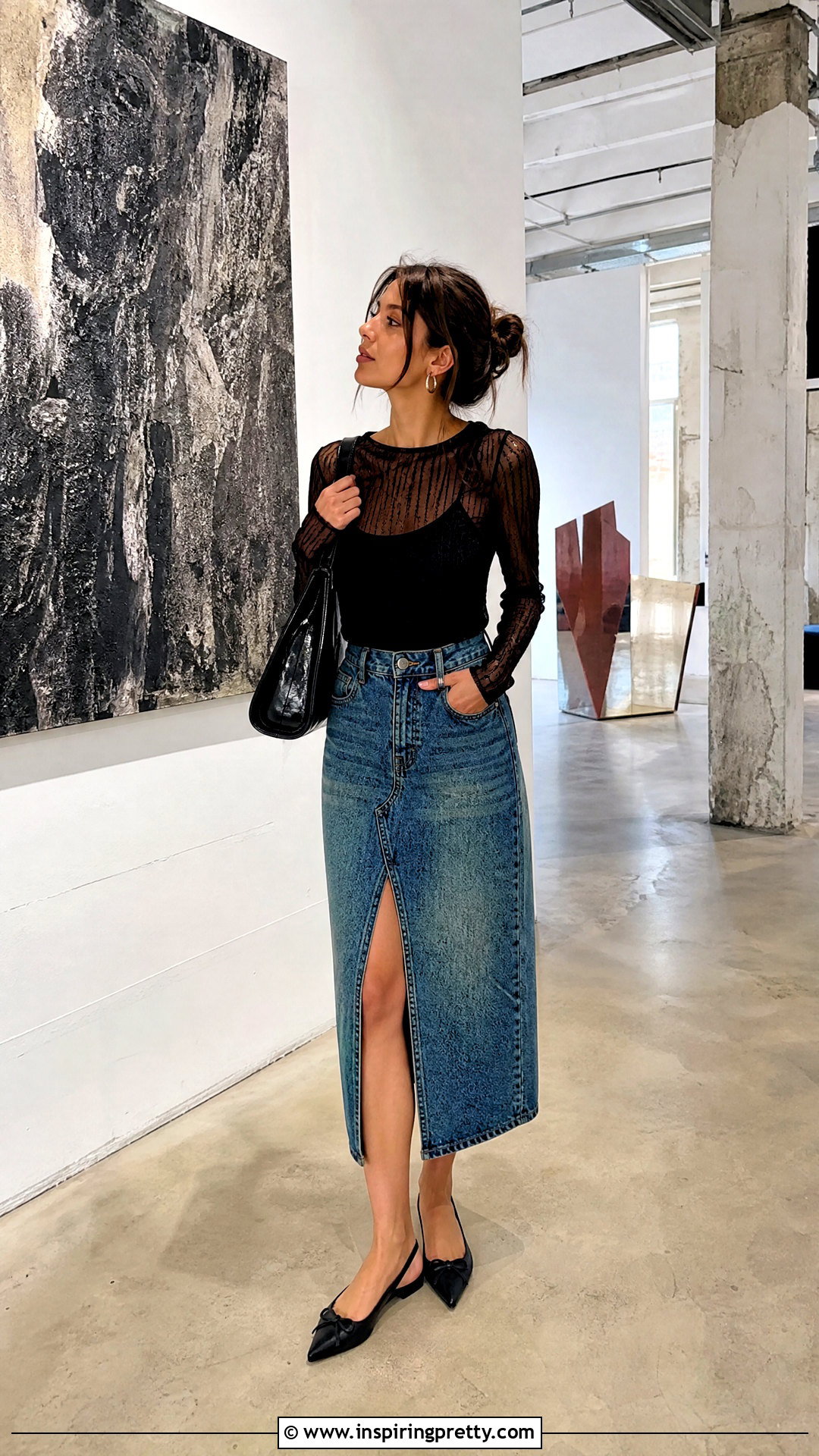 Mesh Layered Top Outfit With A Denim Midi Skirt - 50 trendy tops outfit ideas