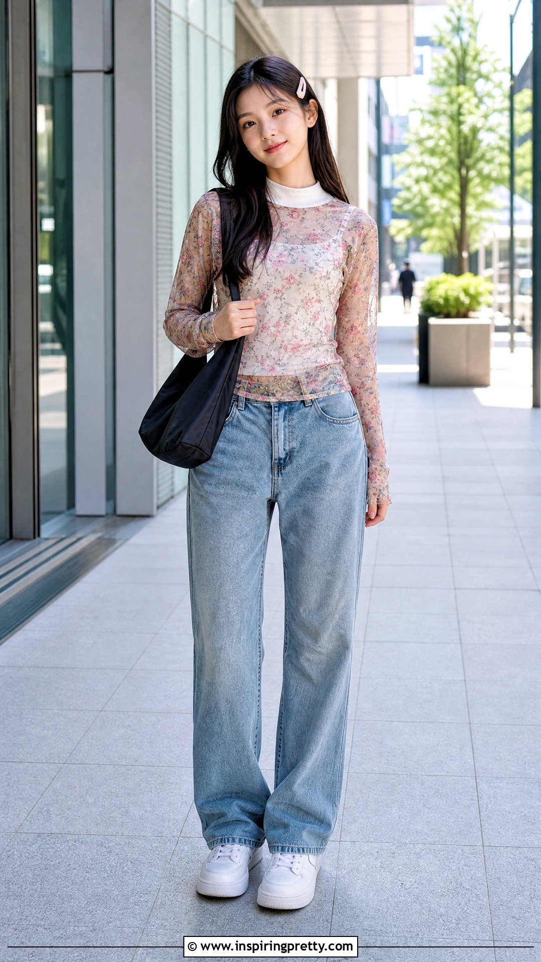 Mesh Layered Top With Relaxed Jeans - 50 girls top designs