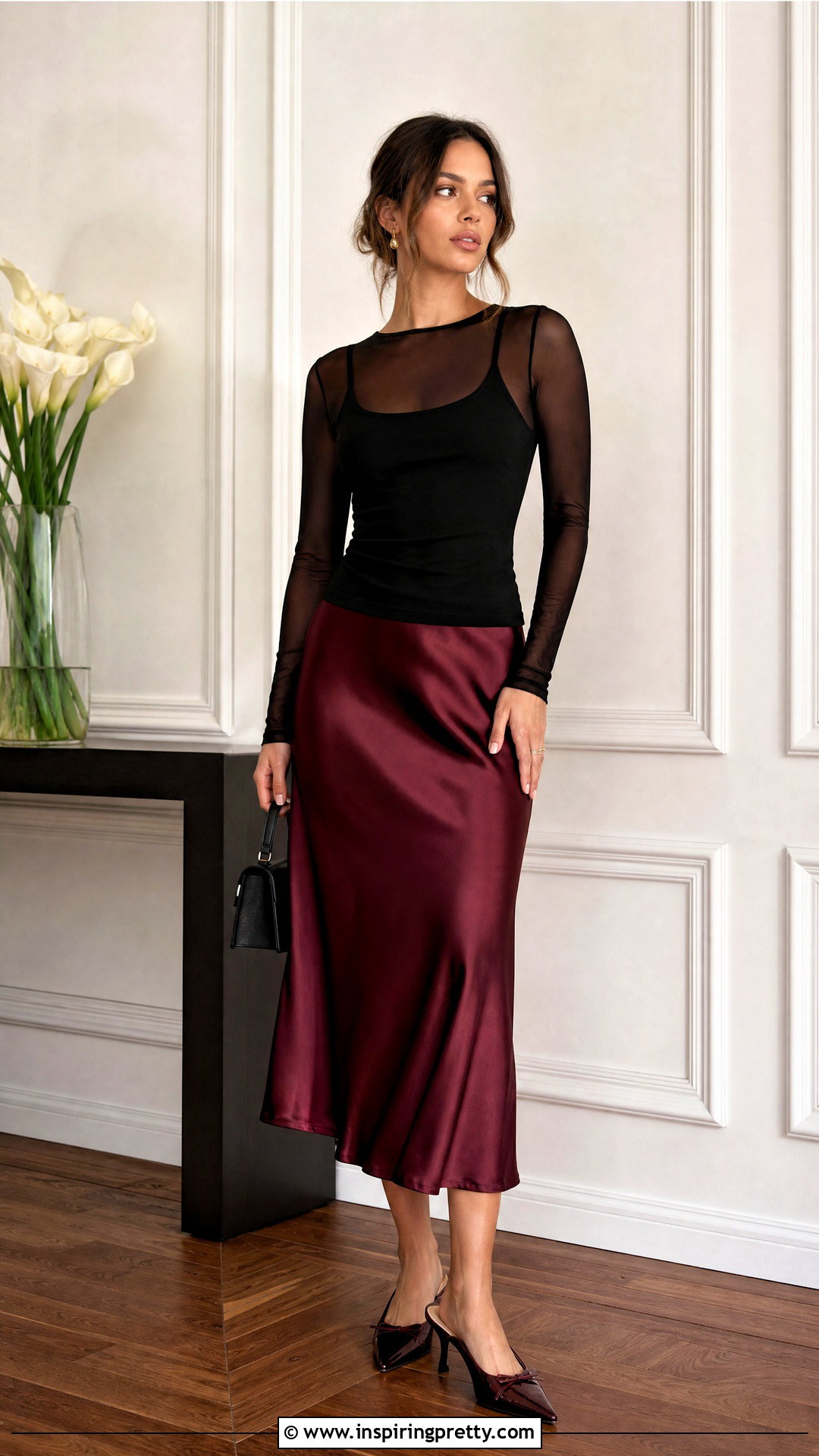 Mesh Long Sleeve Layering Top With A Satin Midi Skirt - 20 Mesh Long Sleeve Layering Top outfit ideas