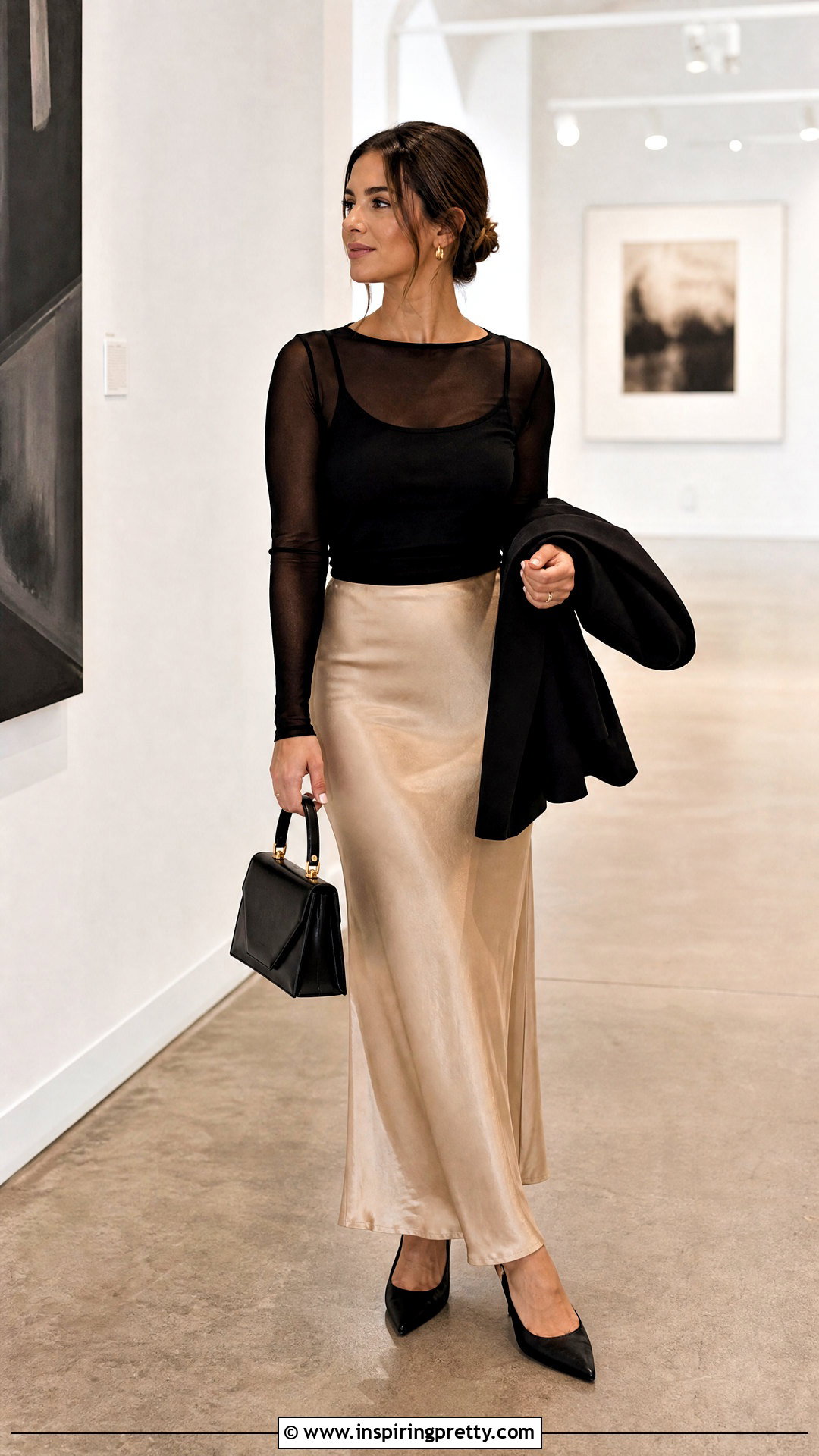 Mesh Long Sleeve Top And Satin Long Skirt Outfit - 50 long skirt and top outfits