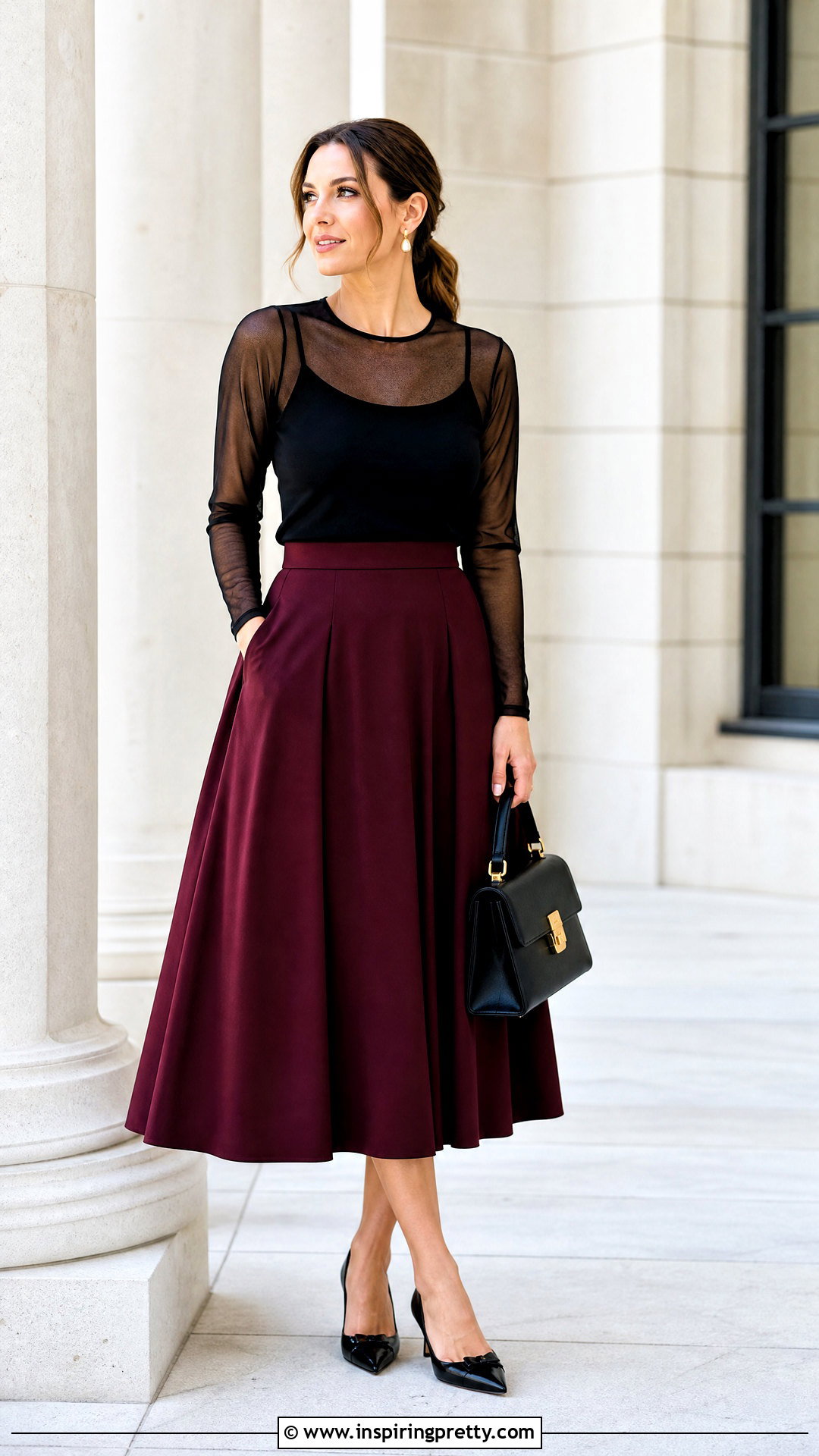 Mesh Long Sleeve Top With A Line Midi Skirt - 50 mesh long sleeve top outfit ideas
