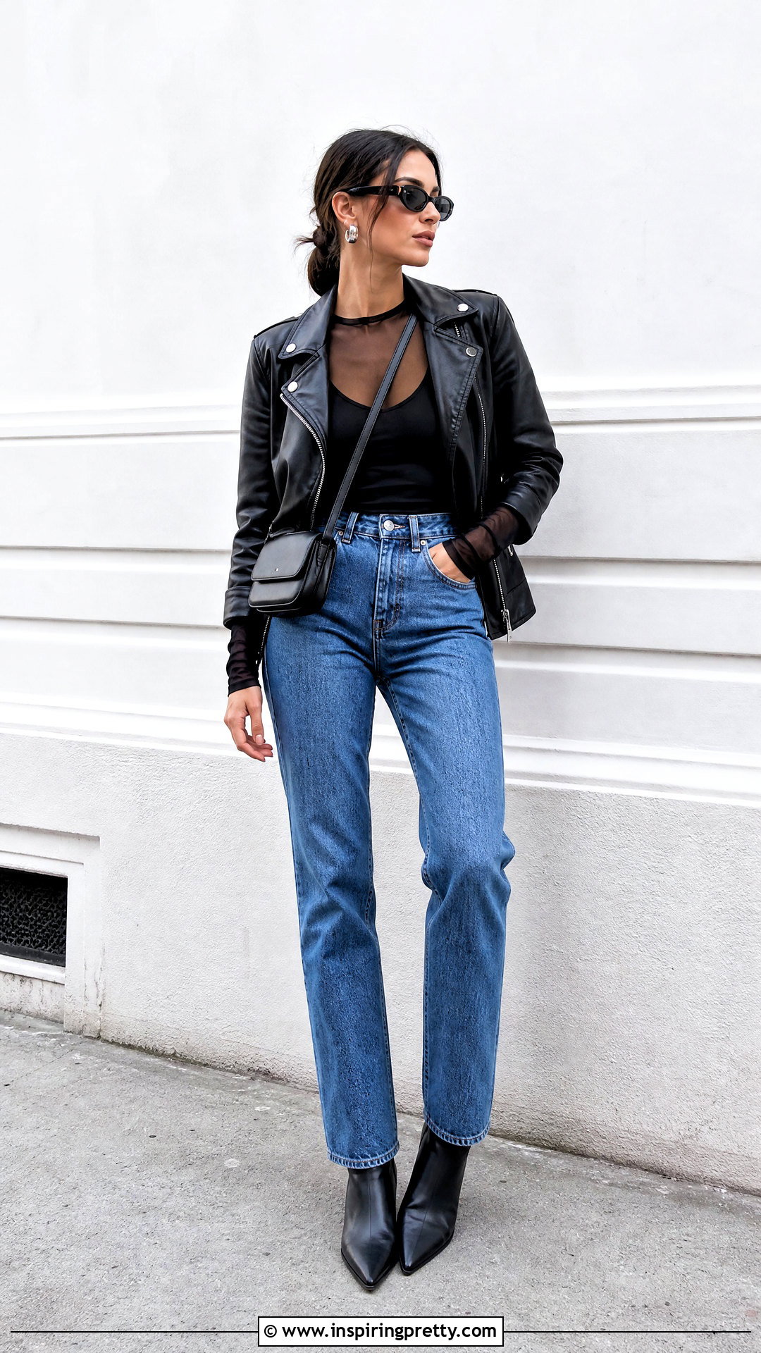 Mesh Long Sleeve Top With Biker Jacket And Jeans - 50 mesh long sleeve top outfit ideas