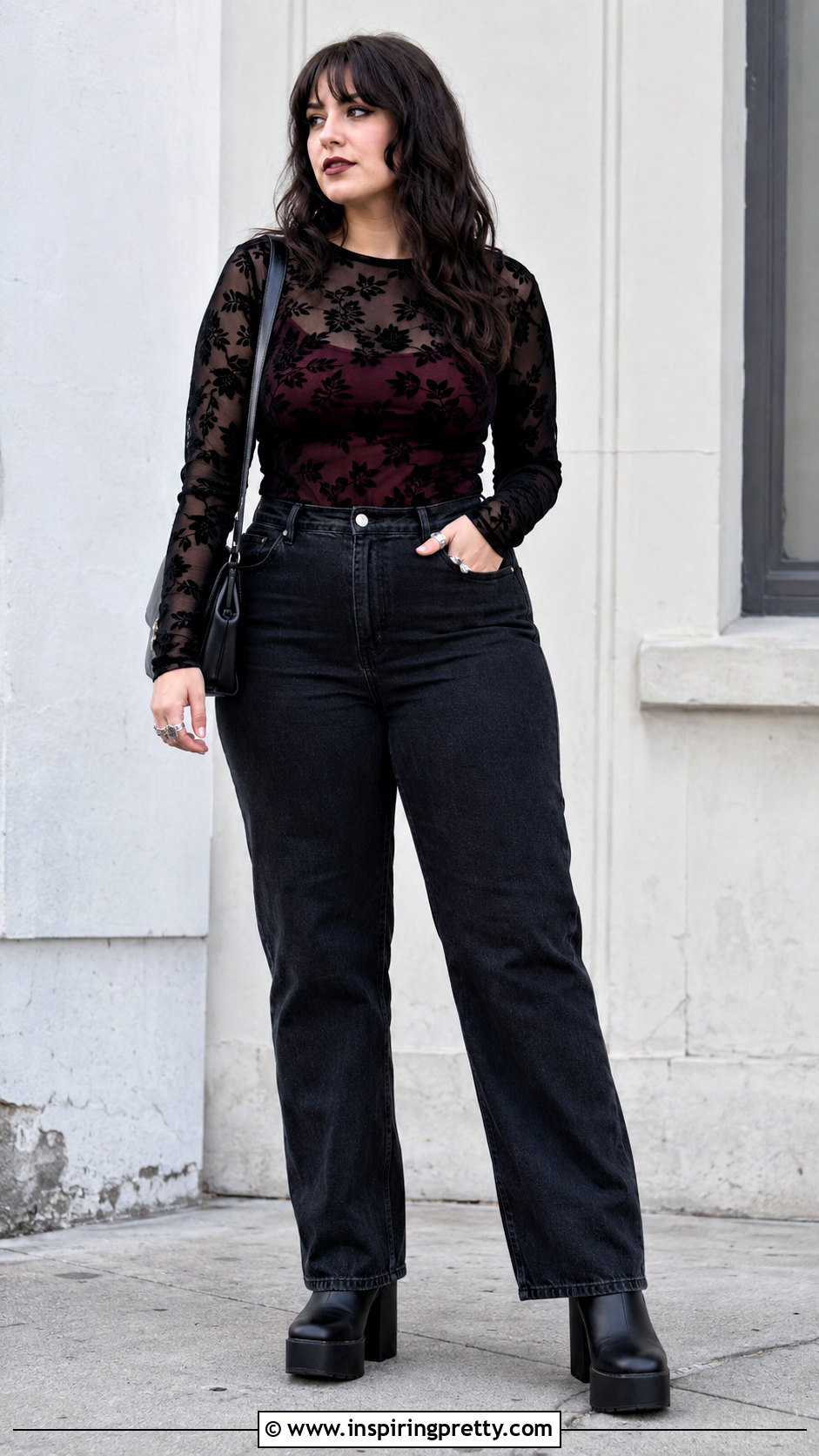 Mesh Long Sleeve Top With Black Jeans - 50 alt tops outfit ideas