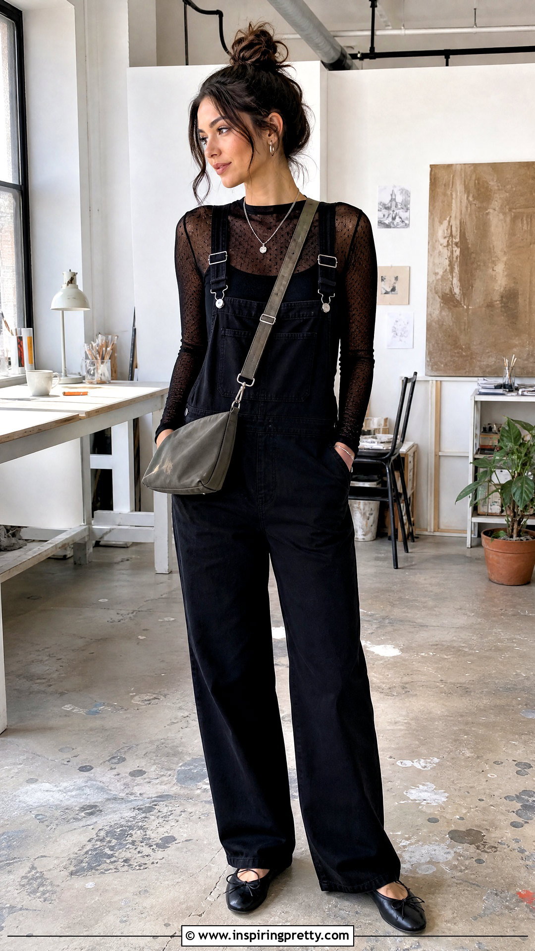 Mesh Long Sleeve Top With Black Overalls - 50 mesh long sleeve top outfit ideas
